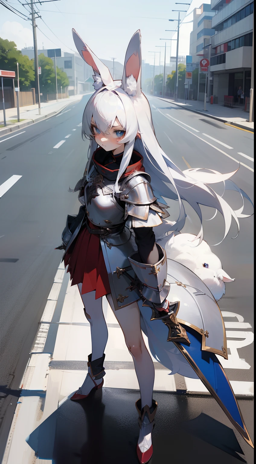Anime,1girl,(small,10years),solo,white hair,(((Long rabbit ear))),blue eyes,long hair,wolf tail,templar silver knight outfit,red skirt,masterpiecd,hd,4k,best face,detailed face,innocent face,serious face,(((standing in the road,)))