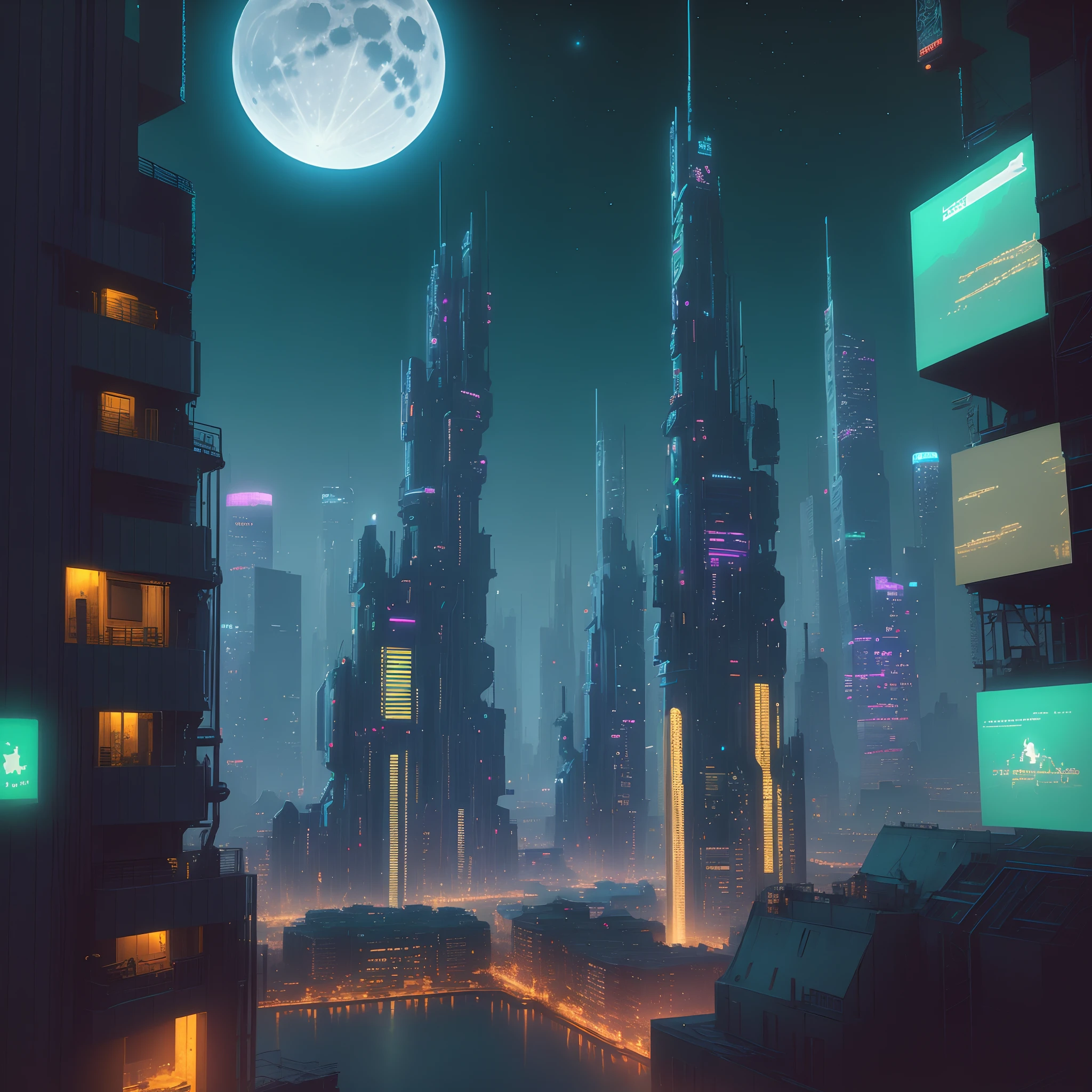 cyberpunked：Futuristic cityscape with bright lights and bright moonlit night in the background