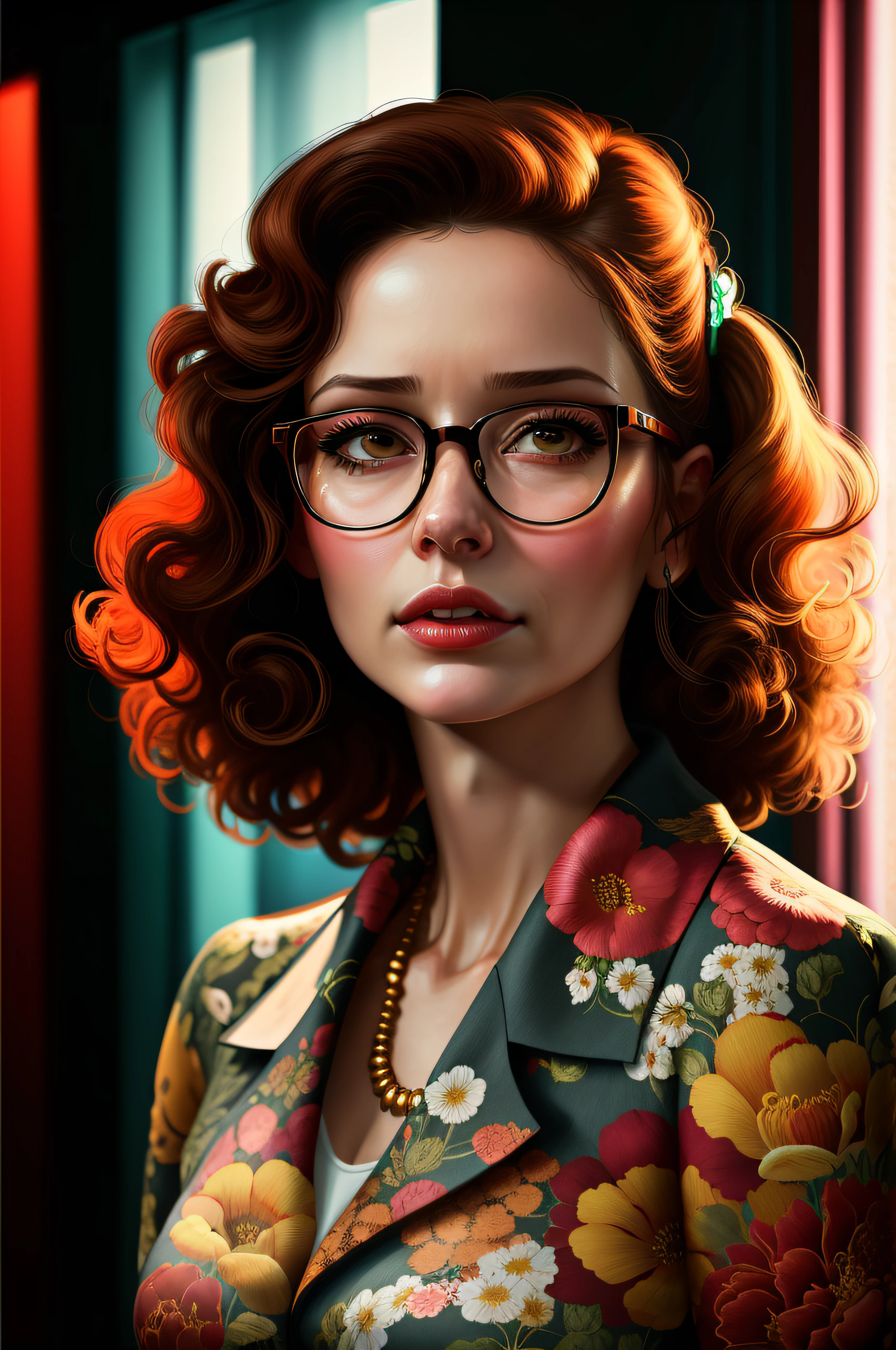 arafed woman with glasses and a floral shirt in a room, cinematic realistic portrait, stunning digital illustration, high quality portrait, inspired by mads berg, by mads berg, in style of digital illustration, style digital painting, 8k portrait render, in style of digital painting, detailed color portrait, digital art of an elegant, realistic digital art 4 k