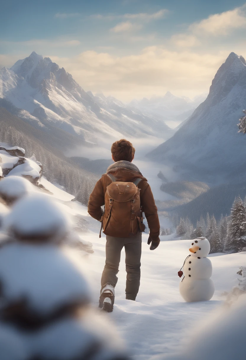 boy, TRAVELING FASHION, wavy hair, brown eyes, white skin, brown backpack on his back, HOLDING THE TREASURE MAP IN HIS LEFT HAND, running away from the snowman, SCENE in the middle of snowy mountains, camera view from afar, 4k, 3D animation, DYNEY MODEL, PYXAR MODEL.