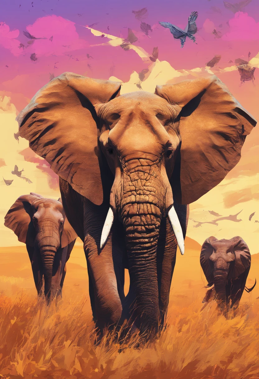 Design an awe-inspiring scene featuring iconic African animals like elephants, giraffes, zebras, lions, and rhinoceroses. Arrange them in a circular composition, with their diverse forms and colors blending harmoniously to form a captivating representation of the African savannah, complete with a vibrant sunset backdrop.