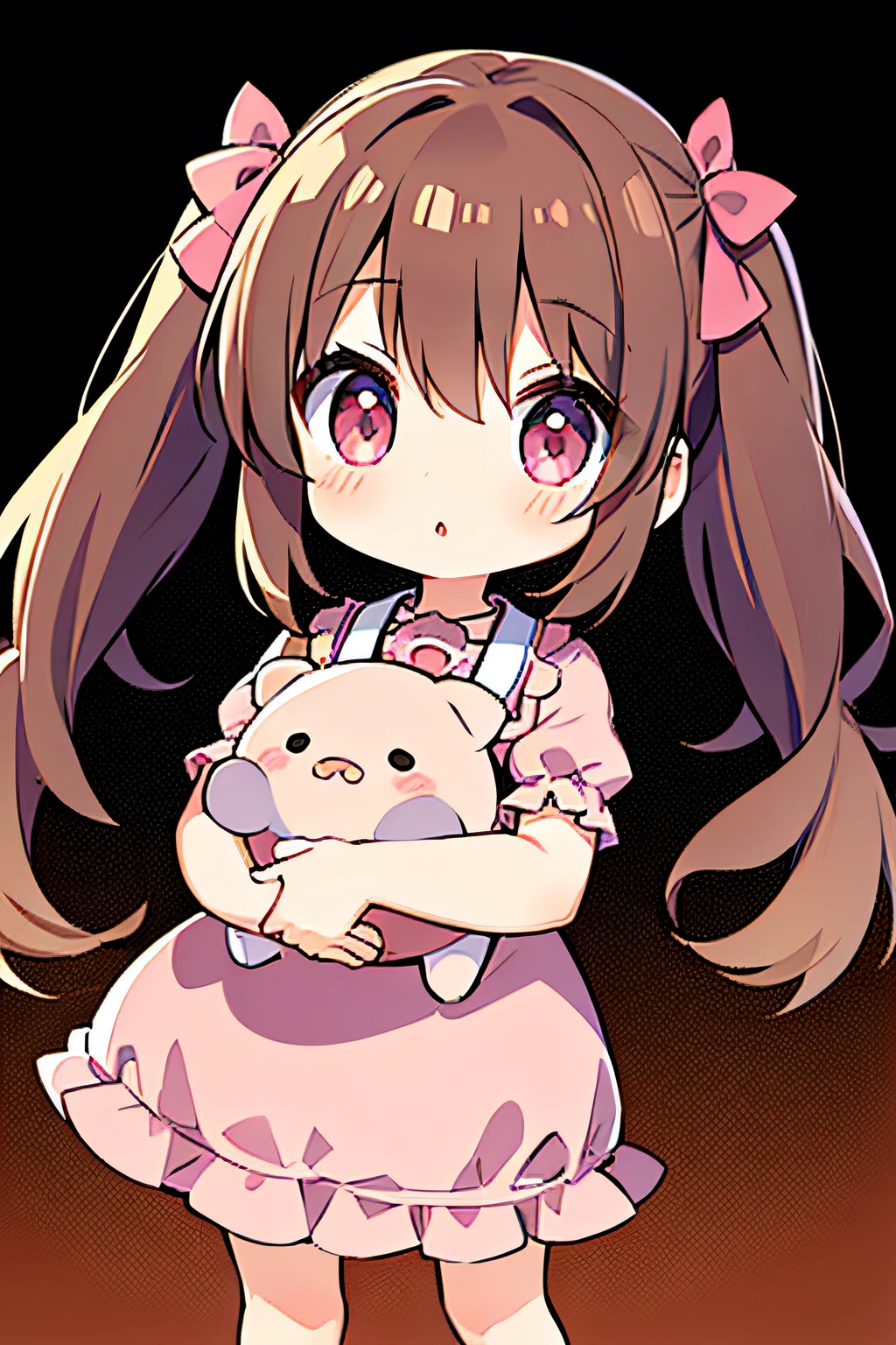 chibi little girl with long brown hair with pigtails wearing a pink dress
