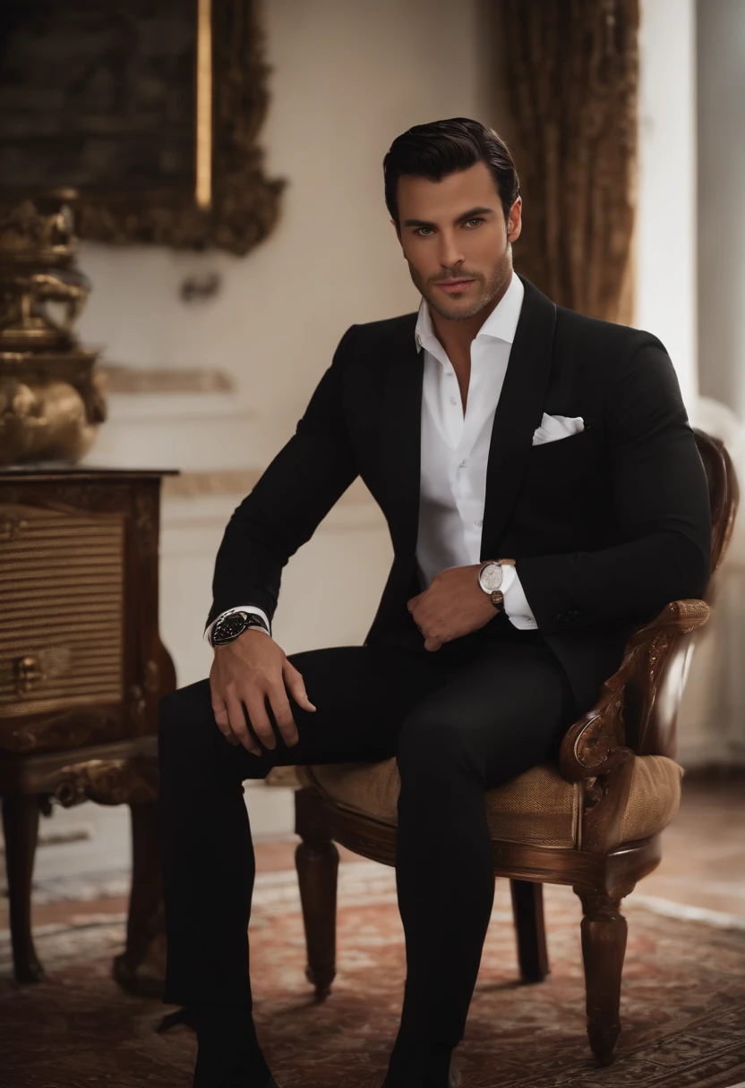 Naked topless,Nudity Everywhere,Black eyes,massive bulge,Black hairs protruding from the bulge,full body Esbian,Character sitting on a chair with arms raised, Dark hair (neck-length hair tied in a ponytail,), Nice Pose, Handsome man, Pretty Face, royal elegant pose, businessman, (In a striped blazer), (The surrounding environment is a luxurious and classic living room)