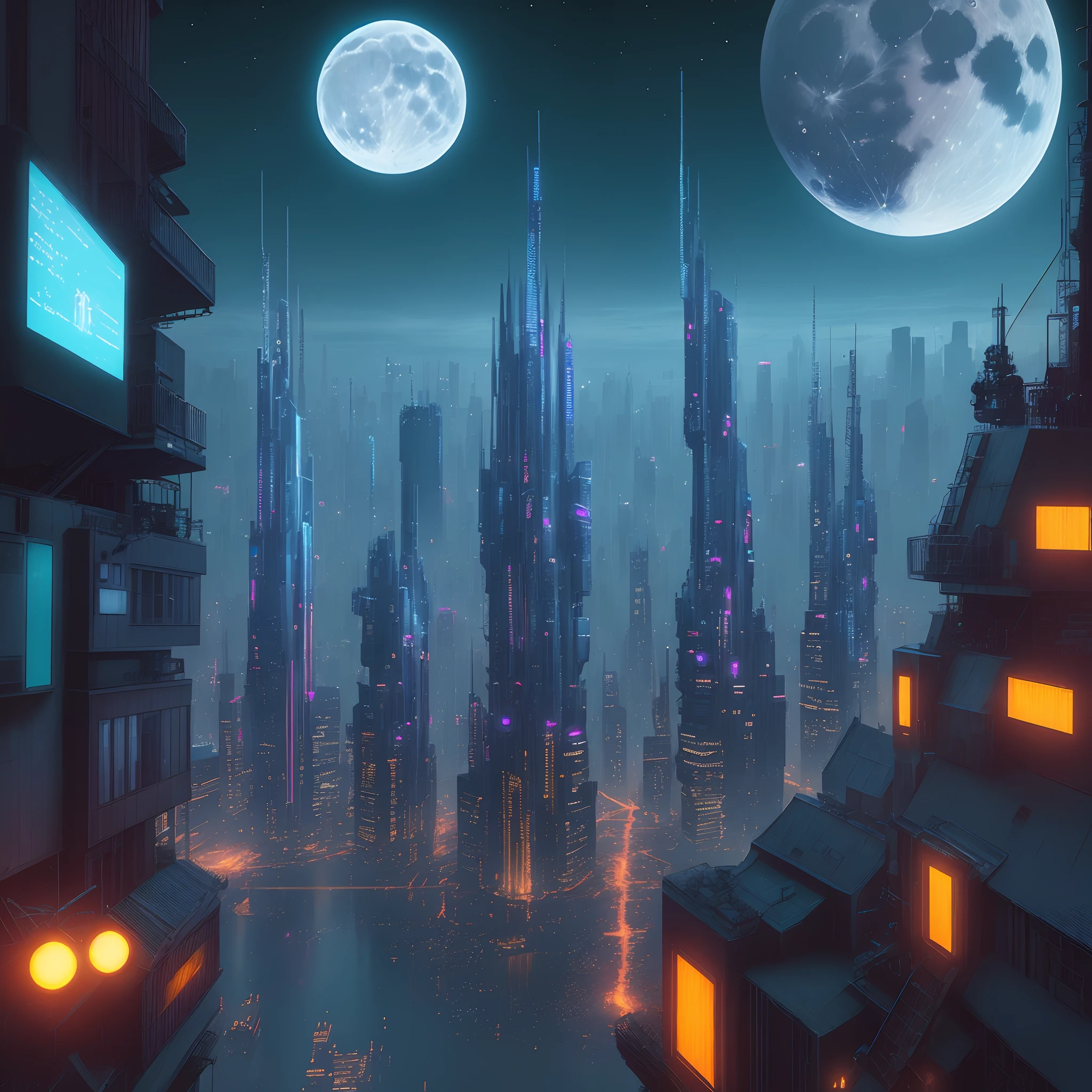 cyberpunked:Futuristic cityscape with bright lights and bright moonlit night in the background