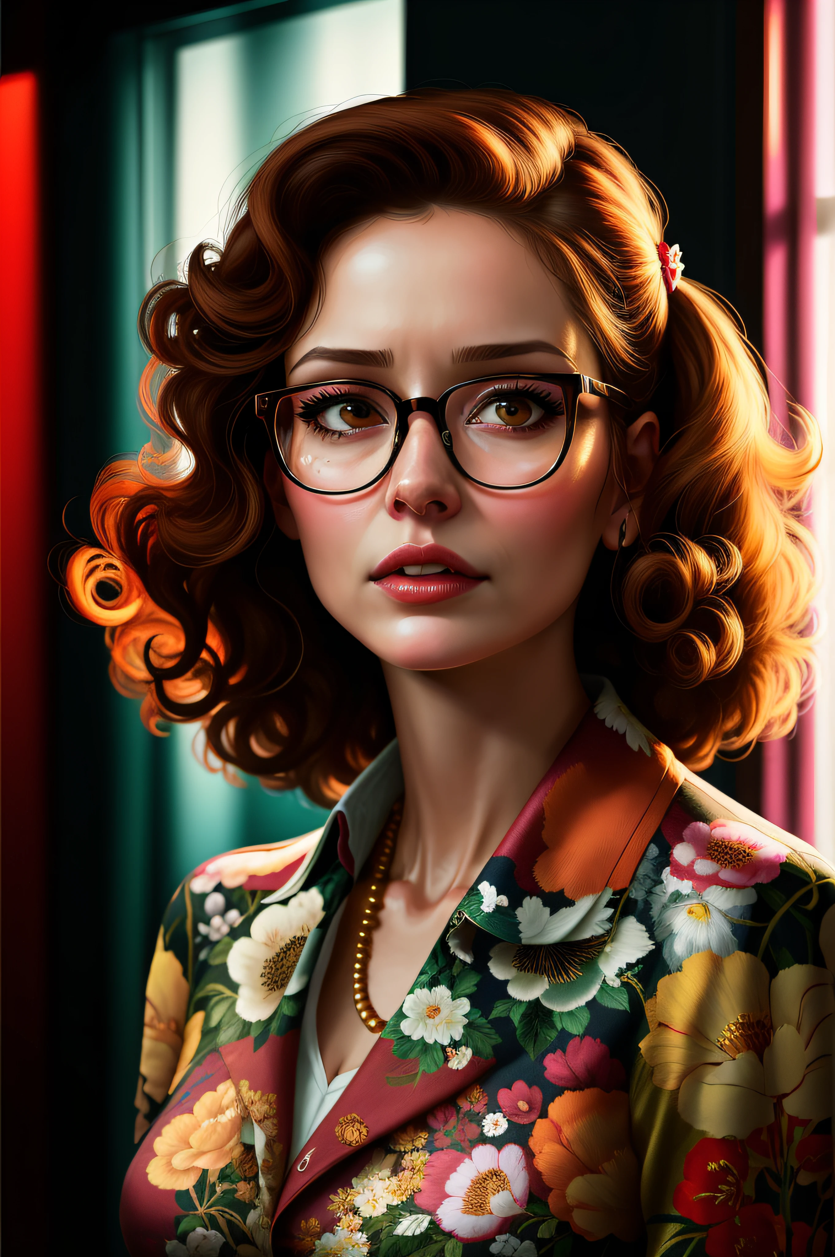 arafed woman with glasses and a floral shirt in a room, cinematic realistic portrait, stunning digital illustration, high quality portrait, inspired by mads berg, by mads berg, in style of digital illustration, style digital painting, 8k portrait render, in style of digital painting, detailed color portrait, digital art of an elegant, realistic digital art 4 k