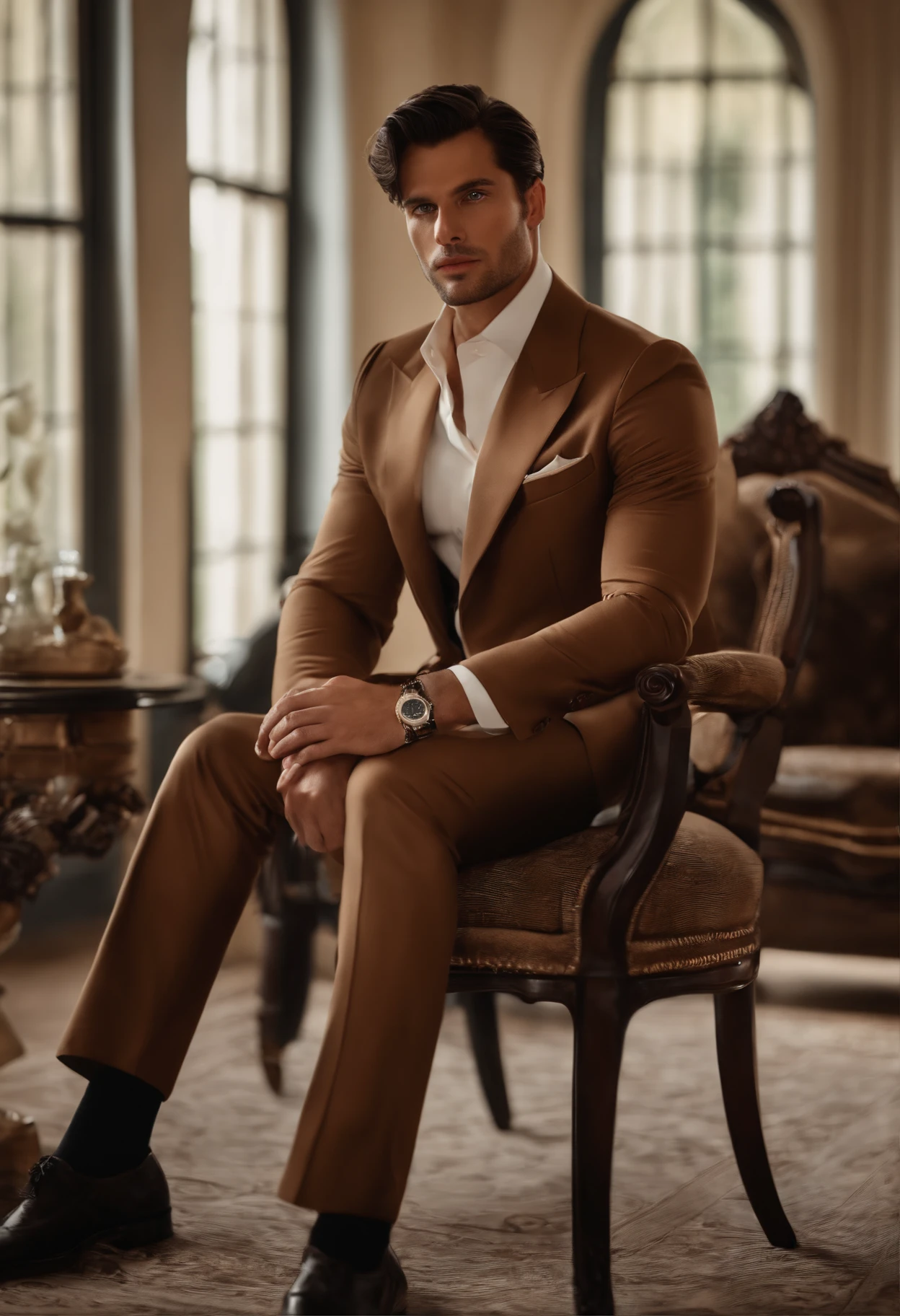 full view, blond preppy guy in beige sheer socks, beige dapper suit, no shoes on, many golden rings, necklaces, golden chains, diamond watch, seated in armchair , arrogantly presenting and pointing his beige sheer socked feet, to a young brown haired salesman in dark suit, black shoes and socks, sniffing the beige socked foot, looking disgusted, in chic department store