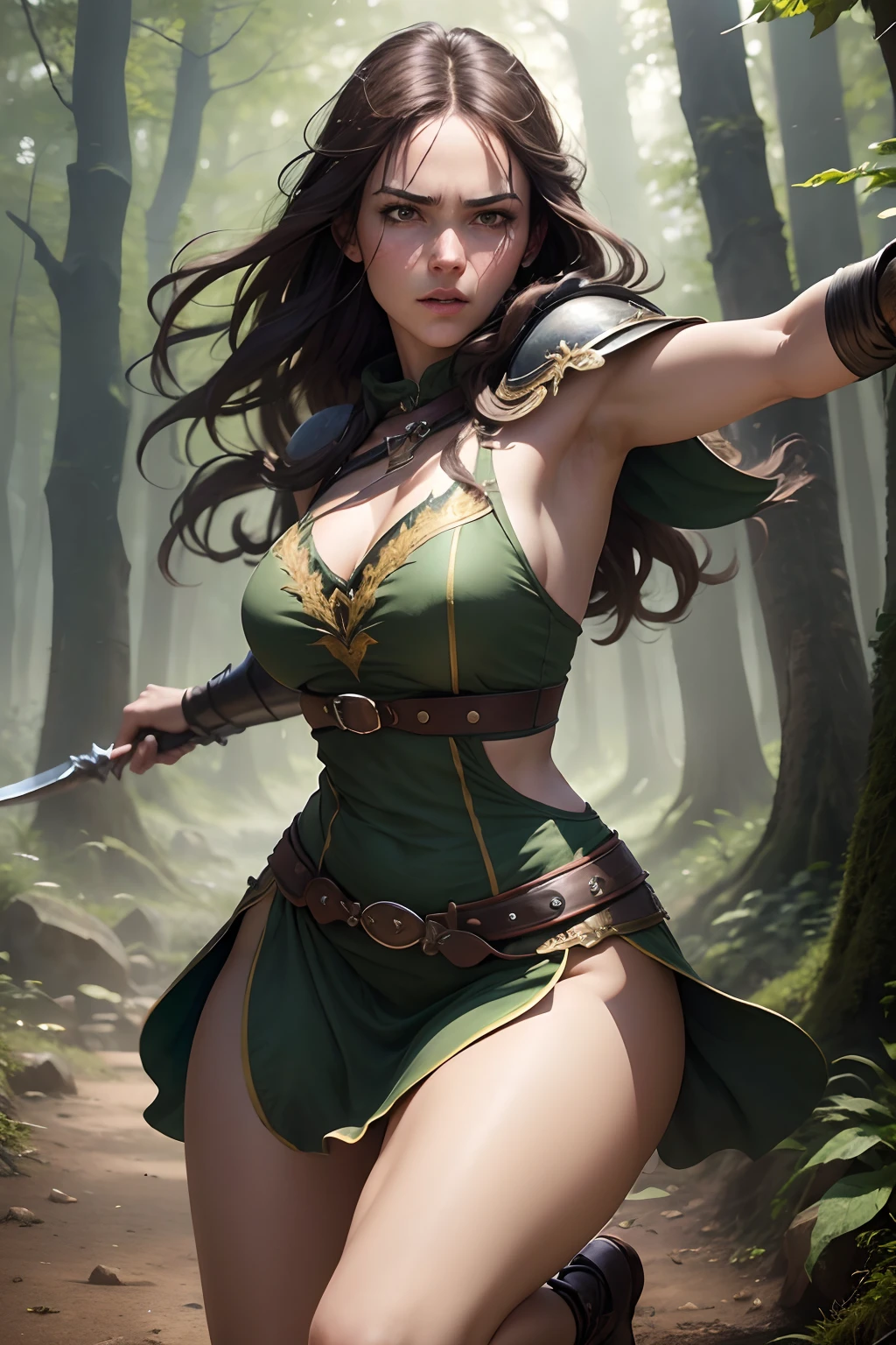 a woman holding a sword in her hand, a dove sitting on her hand, lush green landscape, highly symmetrical, (best quality,4k,8k,highres,masterpiece:1.2),ultra-detailed,(realistic,photorealistic,photo-realistic:1.37),detailed face and eyes, elegant pose, peaceful expression, dramatic lighting, serene atmosphere, natural setting, cinematic composition
