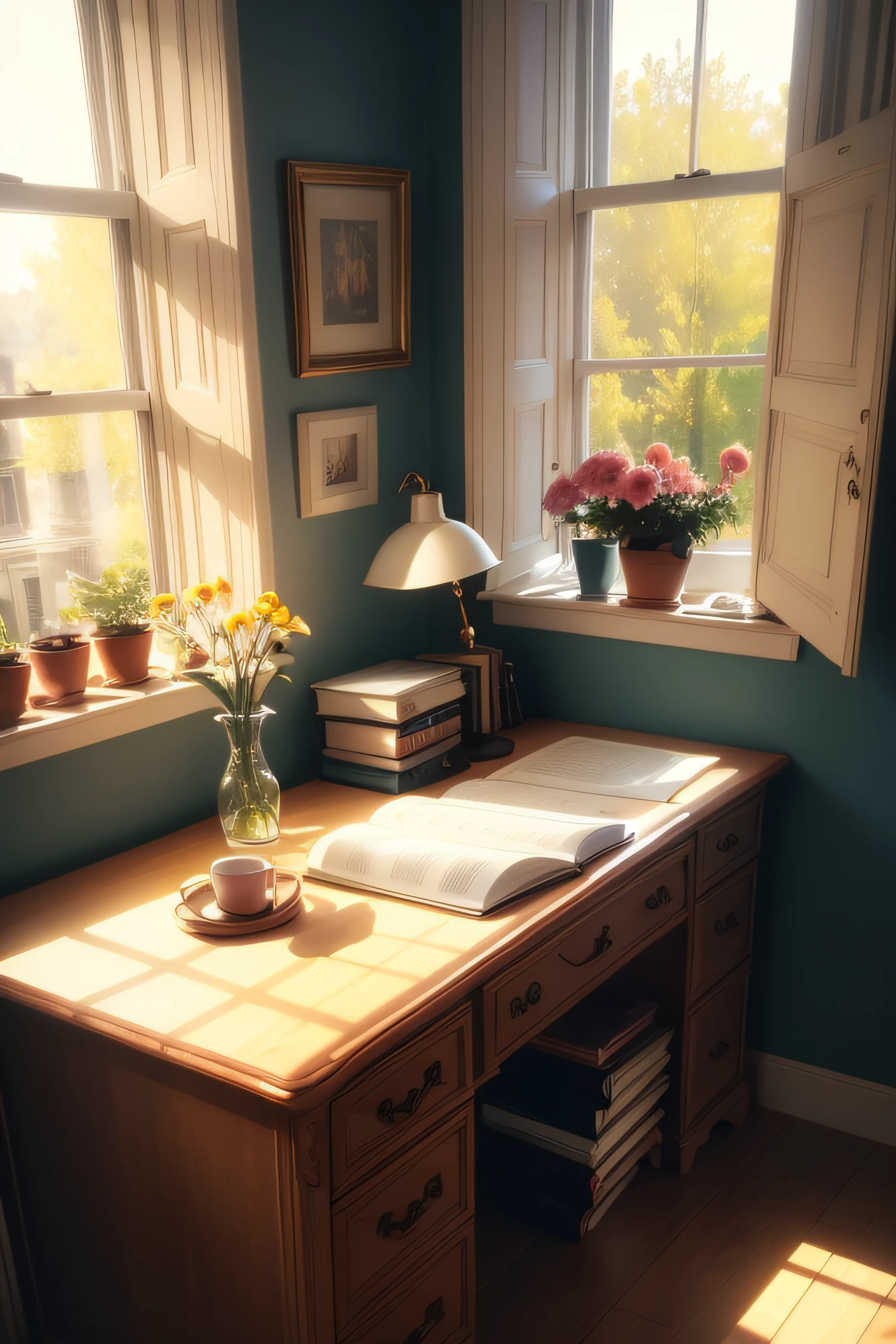 A masterpiece,Best quality at best,high high quality,Early in the morning,The desk is by the window,Sunlight shines through the window on the desk top,There are flowers by the window,a plant,one book Holy Bible