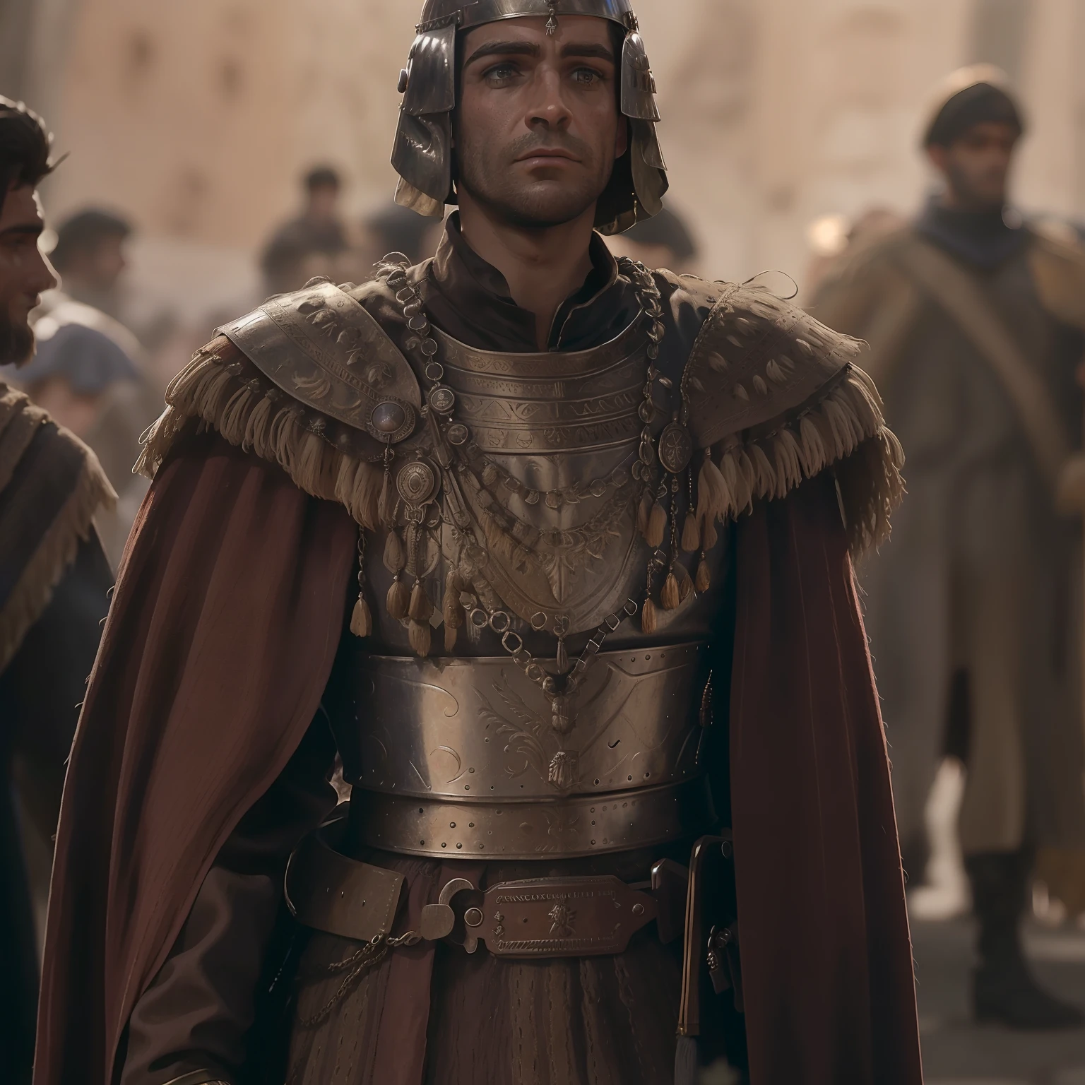 Imagem de um homem em traje romano parado na frente de um grupo de soldados, Imperador Romano, detailed cinematic render, roman centurion, vestidos com roupas romanas, vestido com armadura romana, vestido com armadura espartana, maximus jacobs, very detailed cinematic, Soldado antigo, detailed cinematic shot, highly detailed cinematic, in-game cinematic, cinematic full character, Handsome