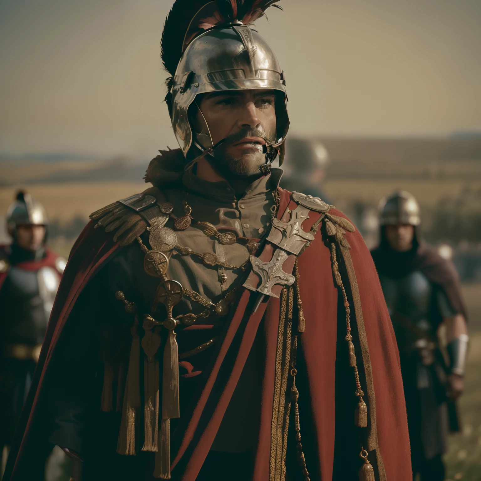 Man in helmet and red cape standing in a field, roman centurion, Imperador Romano, vestido com armadura romana, vestidos com roupas romanas, Soldado antigo, Homem de Roma Antiga, Roman legionary, vestido com armadura espartana, Roman Empire, Armadura romana tradicional, historicamente preciso, inspirado em Pogus Caesar, levando espartanos para a batalha, Armadura Romana