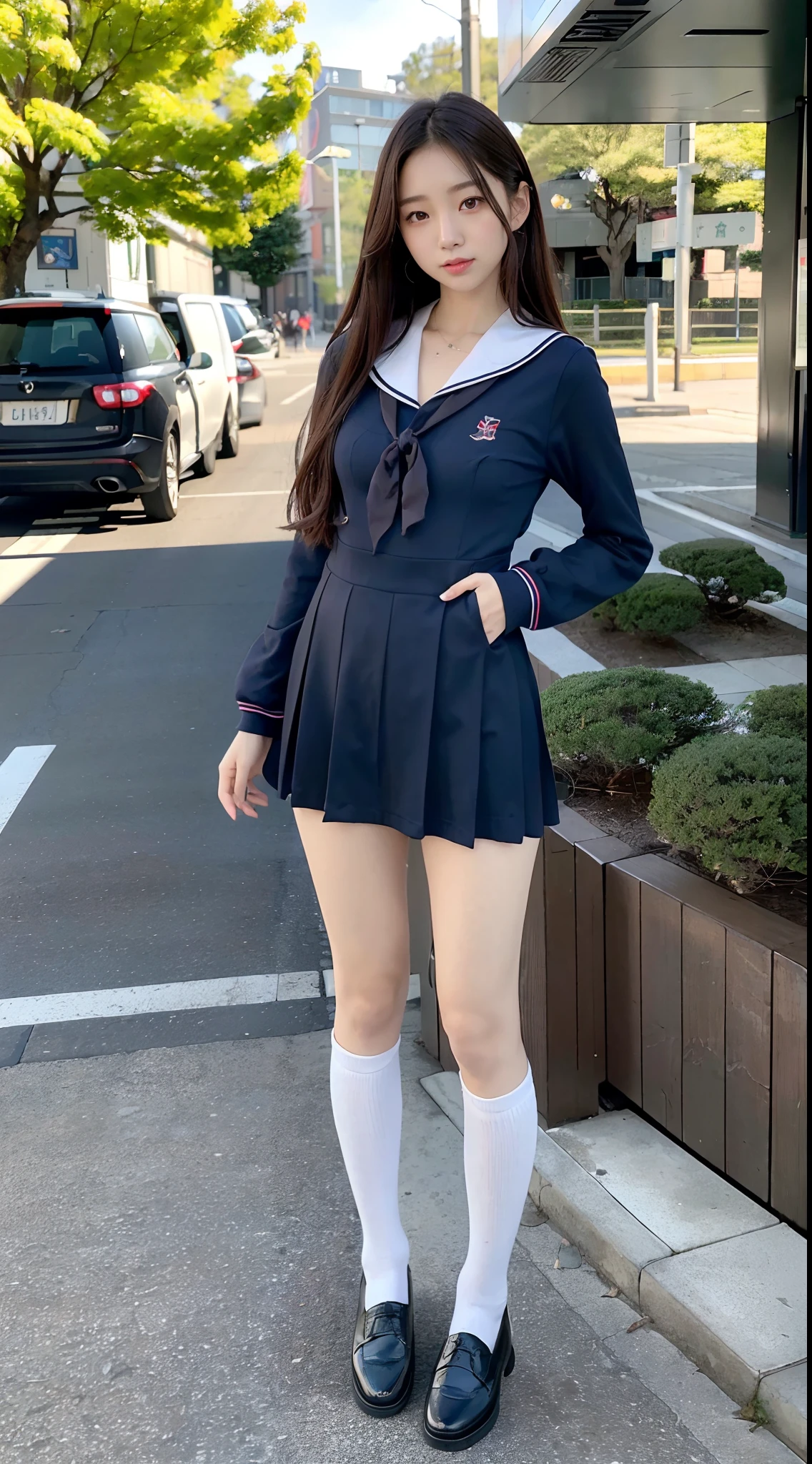 mix4, (16 K, Raw photography, Top image quality, masterpiece: 1.45), (realisitic, Photorealsitic: 1.37), one girls, 7.5, etc、Random hairstyle、Standing figure,Noon time slot、cute little, A city scape,, profetional lighting, photon maping, a park、physically-based renderingt, Gradient dark brown hair,, a handsome, Well-groomed and beautiful eyes、Large double eyelids、Very shiny、girl with, (((student clothes、Long sleeve sailor suit worn by Japan schoolgirl、red cuffs、Dark blue mini skirt, Small gray beret、Dark blue knee-high socks、Black loafers))), Top Quality Photos, hight resolution, 1080p, (clearface), (Detailed face description), (Detailed hand description), (masterpiece), (Exquisite CG)、extreme light and shadows、dishevled hair、master work、abundant detail、(Fine facial features)、(top quality photo)、(masuter piece)、(A detailed eye)、Look in front of you、Fine clavicle、((Slender big))、(((Japan schoolgirl in long-sleeved sailor suit)))、((Ready Idol System))、((In front of the station、Road at the intersection))、(Shooting from random perspectives)、(((Anyway cute)))、耳Nipple Ring、A big smile、Drawing the whole body from the knees、Do not draw nasolabial folds、(((Long-sleeved sailor suit)))、(Big breasts that hang down big:1.2)、Big buttocks with tension、Two arms and two legs、(((from the front side:0.4)))、bare hand、No mask