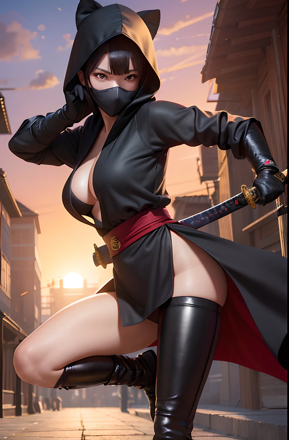 (masterpiece, best quality, photorealistic, cinematic, ultra-detailed, 8k), ((wide shot, front view)), ((fighting stance)), ((perfect body, perfect anatomy, alluring, nice hands, large breasts, long round legs, round ass)), (female ninja with a slender, graceful frame), (She wears a sleek, all-black shinobi shozoku with a crimson obi belt, concealing most of her face with a hood and mask, revealing only her sharp, almond-shaped eyes), (Her attire allows for silent movement, and she wears soft-soled tabi boots), (Ayame carries a katana, expertly concealed within her robes), (Her ninja persona exudes elegance and practicality, making her an enigmatic figure in the world of shadows)