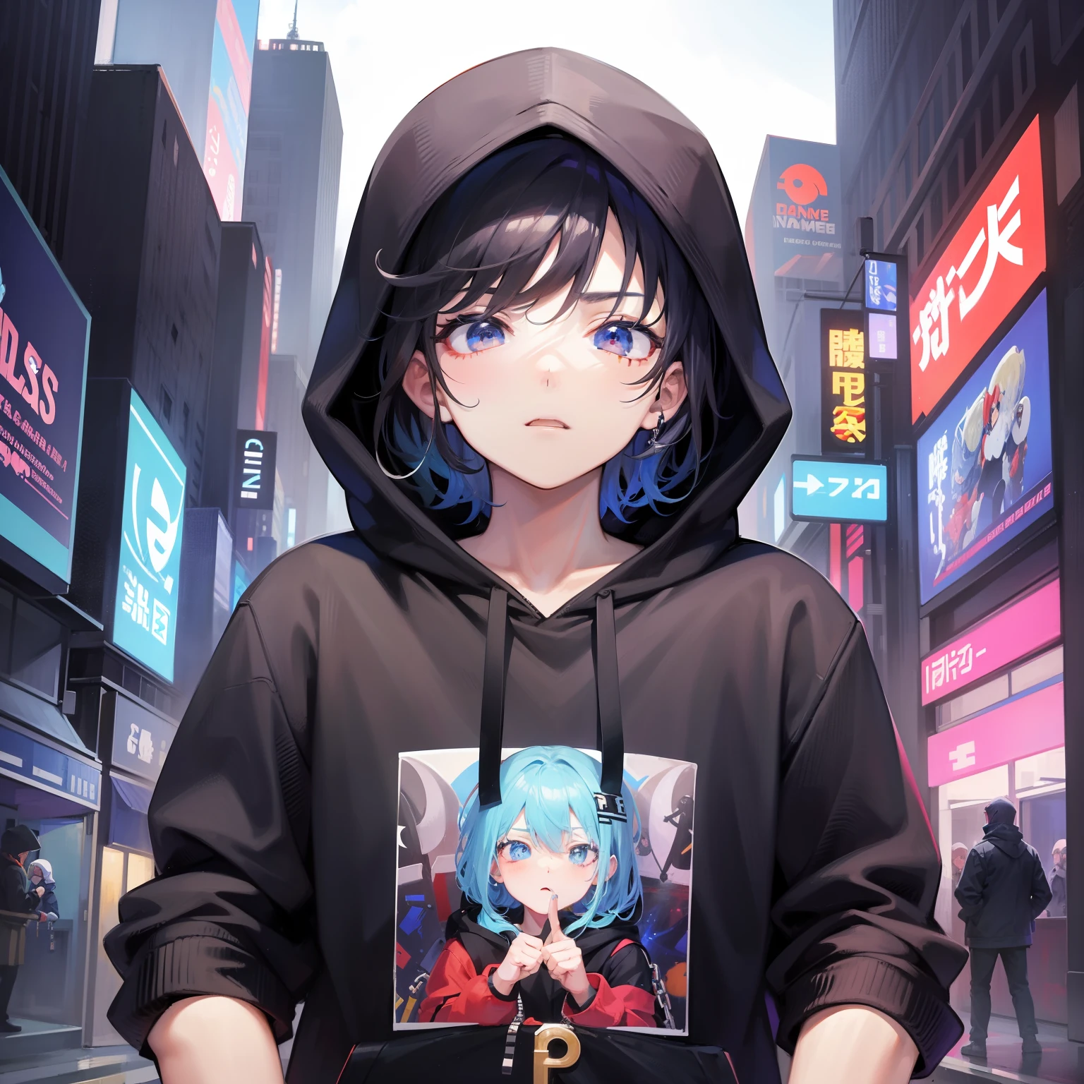 Boy in hoodie, index finger to mouth, facing the camera, upper body, horse sticker, key anime art, projectile on broken digital art, anime art wallpaper 8K, anime style 4K, badass anime 8K