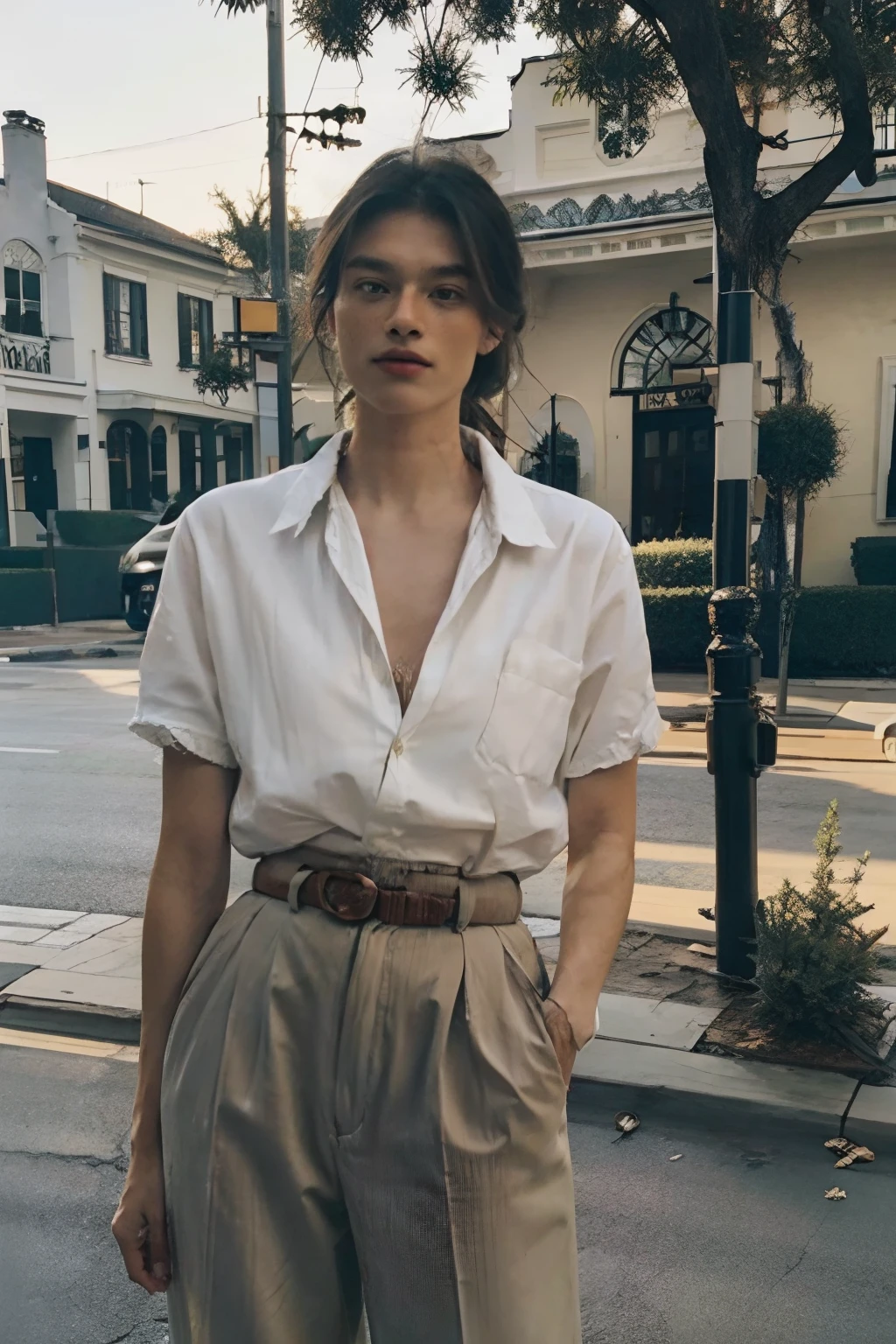 belt, blurry, building, christmas, christmas_tree, city, city_lights, photo_background, realistic, skyscraper, solo, tree, shirt, black_hair, 1boy, standing, white_shirt, male_focus, cowboy_shot, collared_shirt, high-waisted trousers, old money