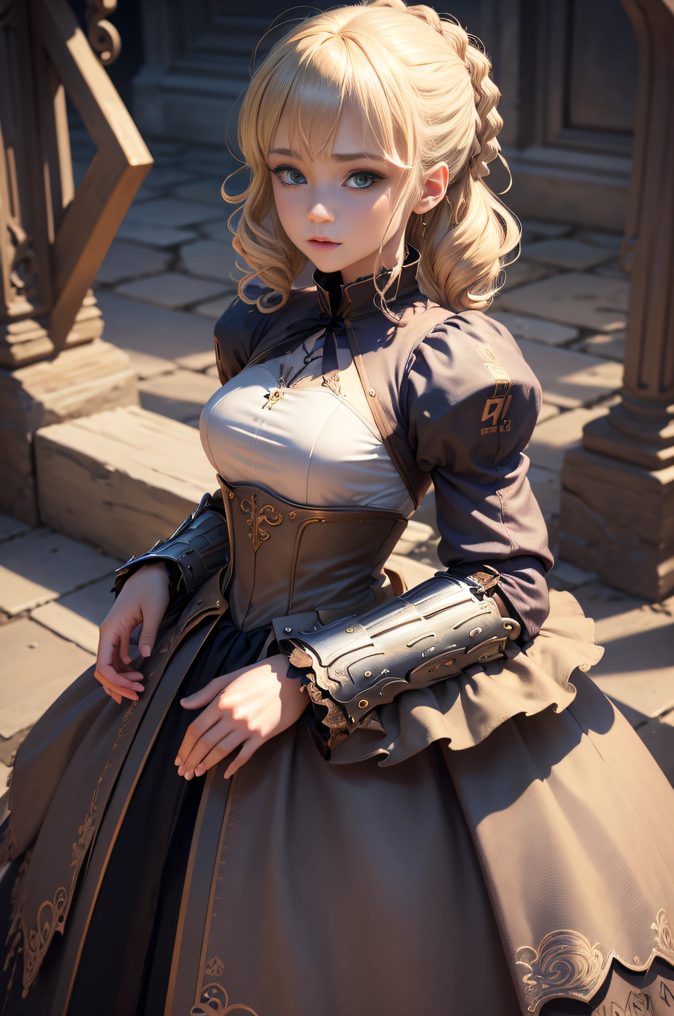1girl, masterpiece, top-quality, 8k, detailed skin textures, Detailed Cloth Texture, beautifull detailed face, intricate-detail, ultra-detailliert, European girl, verd s eyes, Blonde curly high, 3dcharacter, medieval knight、Beautiful big eyes、