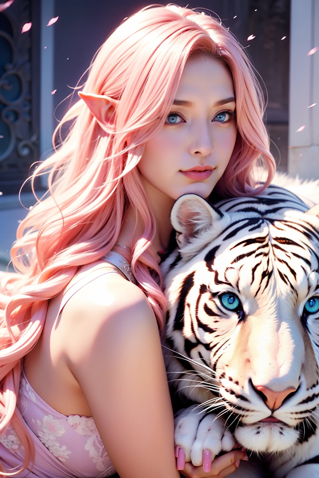 A white tiger near the woman, a woman, long curly hair, pink hair, blue eyes, elf