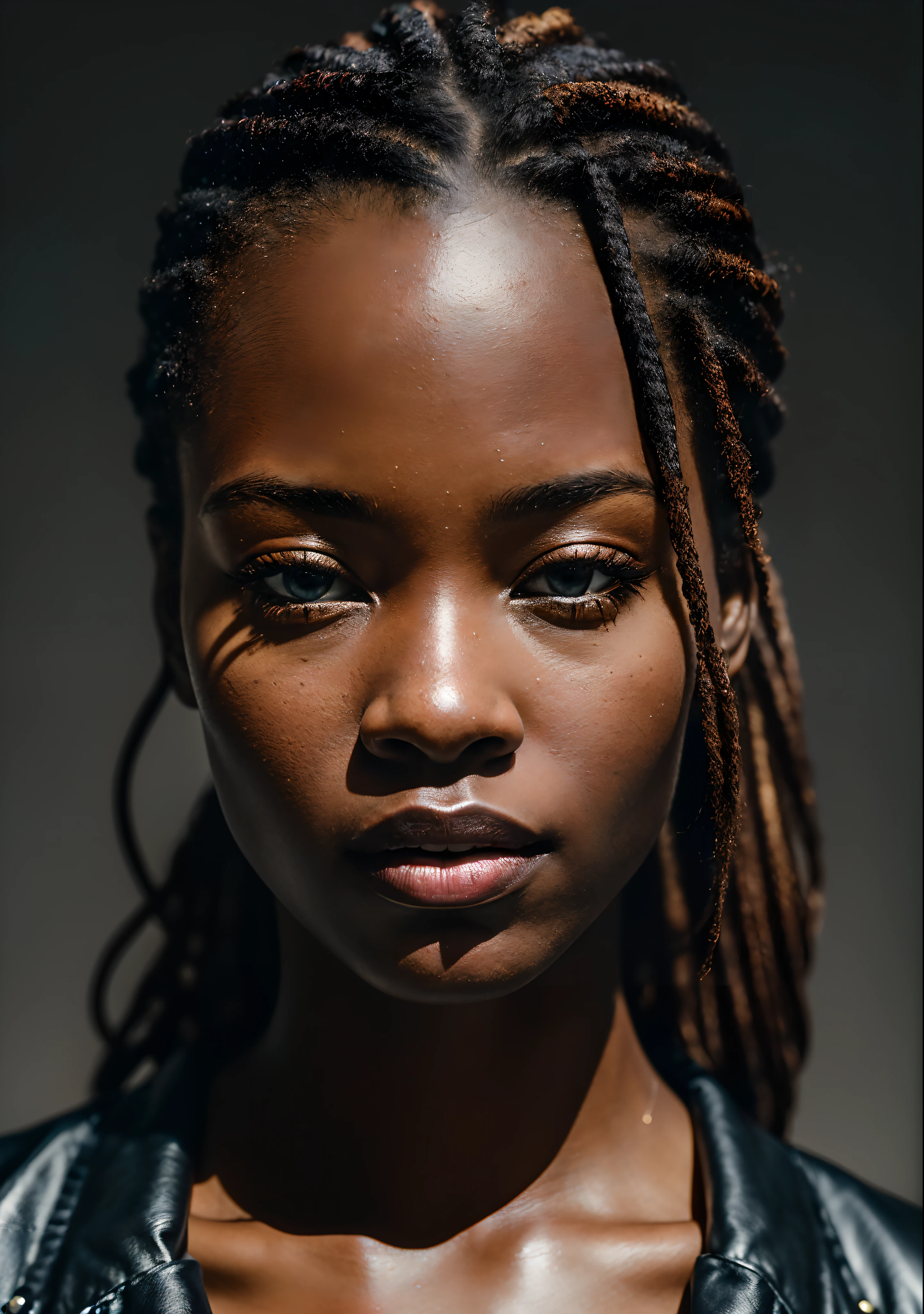 analog style, model photography style, RAW close portrait of a black woman 1, ((beautiful face: 1.7, perfect face: 1.3)), (top: 1.2), best quality, epic (by photo by Lee Jeffries, sony a7, 50 mm , pores: 1.5, colors, hyperdetailed: 1.5, film grain: 1.4, hyperrealistic: 1.5), hyperrealistic texture, masterpiece, unreal engine 5, extremely detailed CG unit 8k wallpaper, realistic eyes, insanely detailed photo, (light and shadow ecstasy, deep shadow), (Winner of Pulitzer Prize for Photography and Taylor Wessing Photographic Prize),Juju