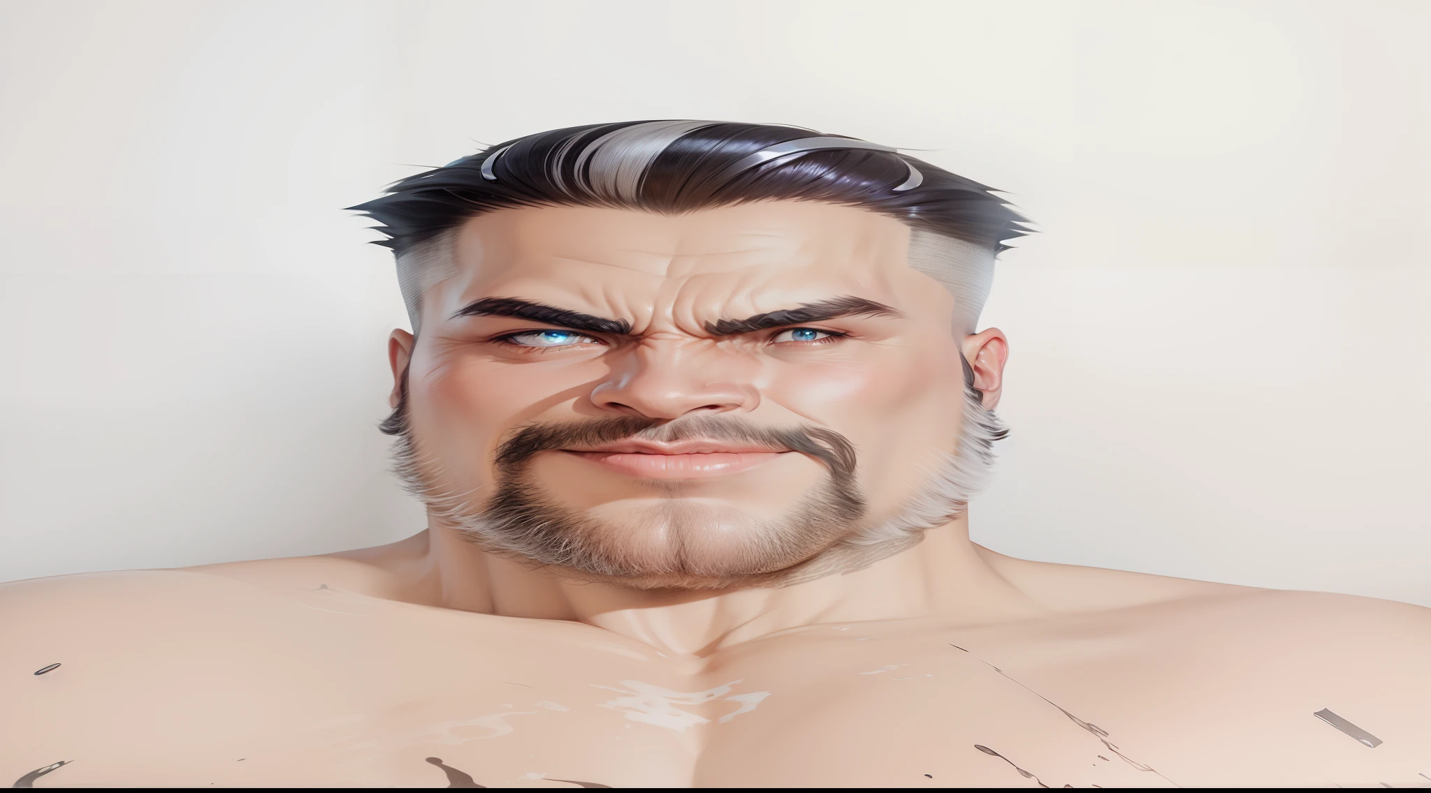 A muscular (Pakistani) alpha beefy massive pumped old muscle daddy with big arms, pectorals and thick thighs, huge beard, grey hair, with tattoos covering chest and abdomen, realistic, 8k, 3d render, unreal engine, NVIDIA, RTX 4090, by Greg Rutkowski, hyperrealistic, dynamic pose