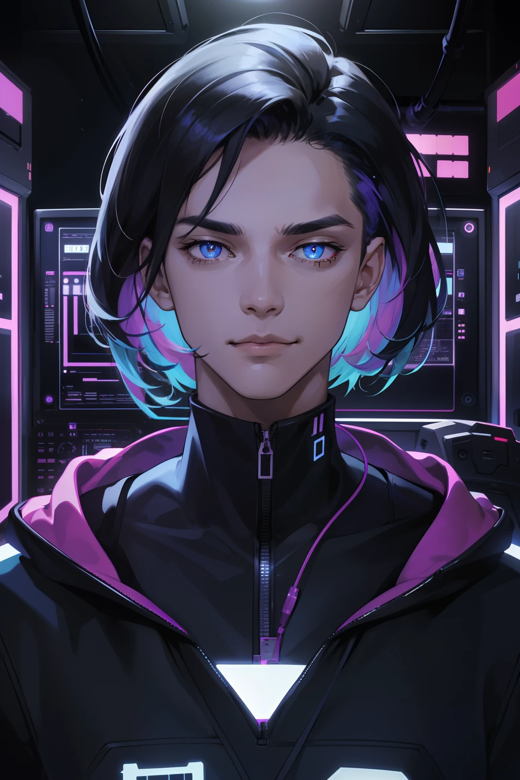 (absurdres, highres, ultra detailed), 1 male, mature, manly, tall muscular, handsome, finely detailed eyes, intricate details, portrait, looking at viewer, solo, half shot, detailed background, detailed face, (1980s synthwave theme:1.1)  high-tech futuristic hacker, smirk, advanced technology, hoodie, techwear, wearable device, keycard, cables,   (holographic display:1.05),   computer, password, control panel in background, blue lights,  dark sinister atmosphere, shadows,