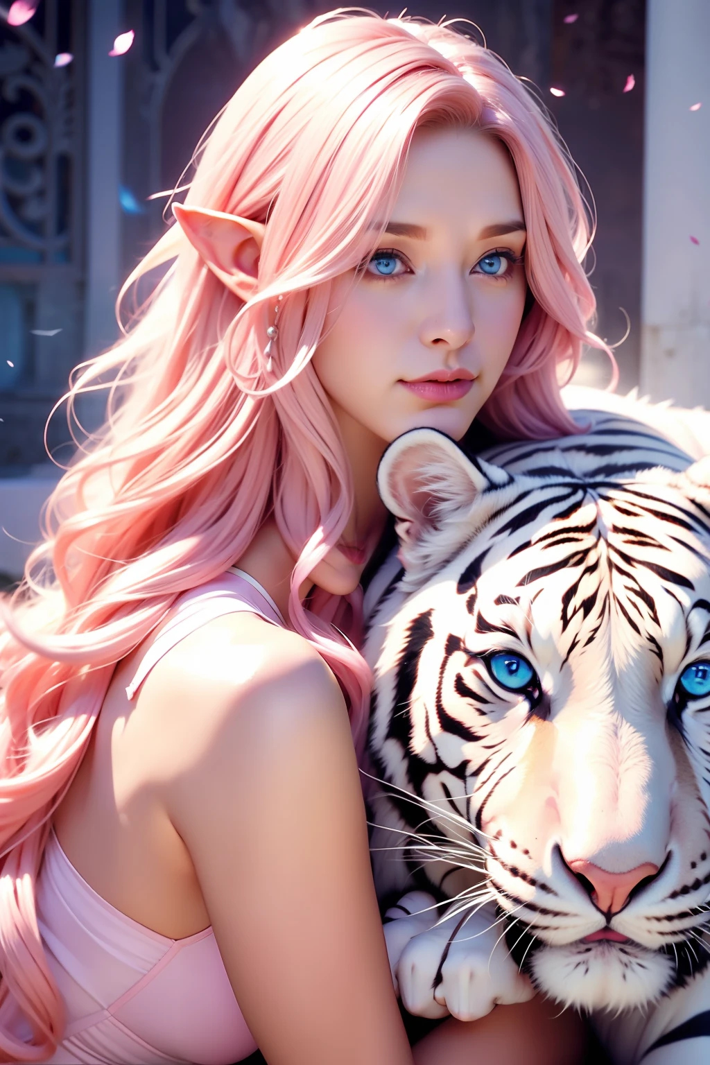 A white tiger near the woman, a woman, long curly hair, pink hair, blue eyes, elf