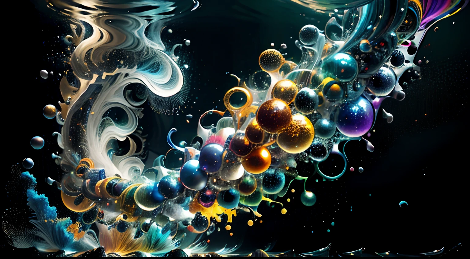Obra de Arte abstracto multicolor en movimiento.Arte de Alberto Severo. Un primer plano de chorros y corrientes de metales preciosos fundidos que chocan entre si y forman , inmensas cantdades de gotas multicolores y chorros metalicos de oro, plata, cobre mercurio, que burbujean ,explotan ,remolinean y fluyen y ocupan todo el espacio, nubes de fluidos de colores metalicos dorados, plateados, cobrizos brillantes y tornasolados,burbujas tornasoladas, ,remolinos de gotas tornasoladas que giran y escapan.Crea una fascinante obra de arte abstracta con un enfoque en la fluidez y el movimiento. Utilice una paleta de colores rica y diversa, Blend tones seamlessly to evoke a sense of continuous movement, Background of psychedelic fuids in motion. Arte de los fluidos en movimiento
