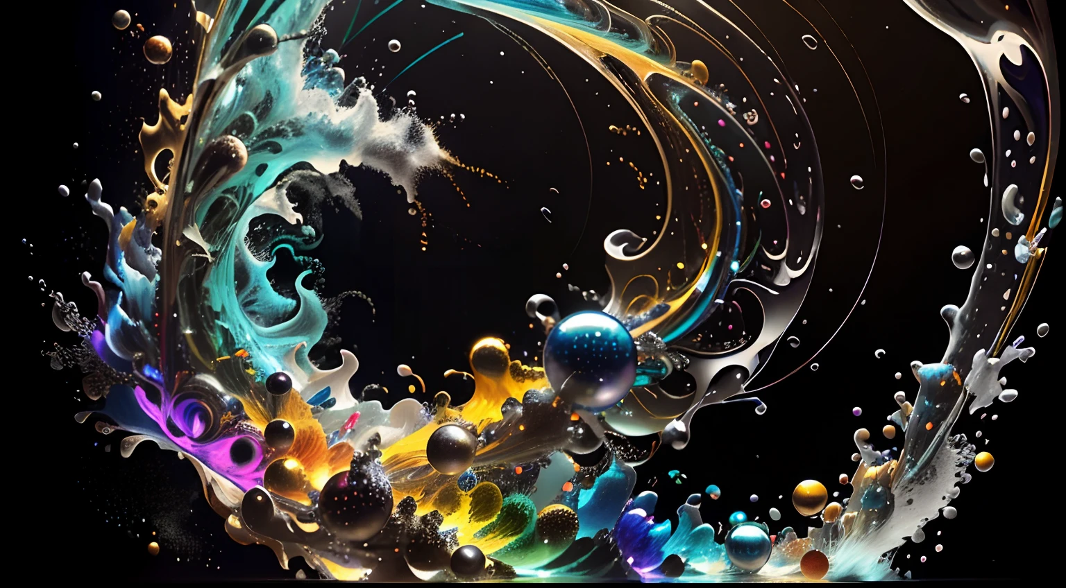 Obra de Arte abstracto multicolor en movimiento.Arte de Alberto Severo. Un primer plano de chorros y corrientes de metales preciosos fundidos que chocan entre si y forman , inmensas cantdades de gotas multicolores y chorros metalicos de oro, plata, cobre mercurio, que burbujean ,explotan ,remolinean y fluyen y ocupan todo el espacio, nubes de fluidos de colores metalicos dorados, plateados, cobrizos brillantes y tornasolados,burbujas tornasoladas, ,remolinos de gotas tornasoladas que giran y escapan.Crea una fascinante obra de arte abstracta con un enfoque en la fluidez y el movimiento. Utilice una paleta de colores rica y diversa, Blend tones seamlessly to evoke a sense of continuous movement, Background of psychedelic fuids in motion. Arte de los fluidos en movimiento