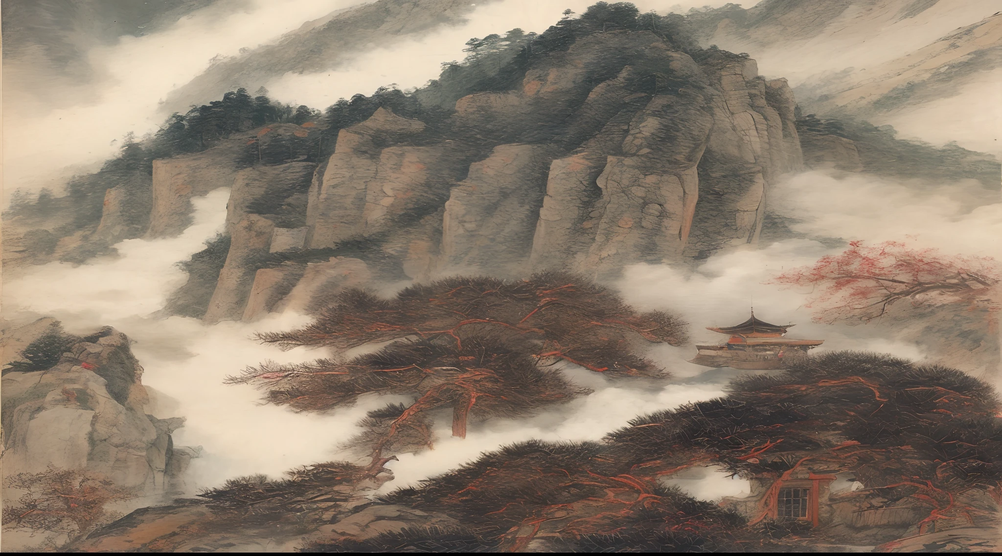 Forest, scenery terror, many trees, feeling of loneliness, fog, many details