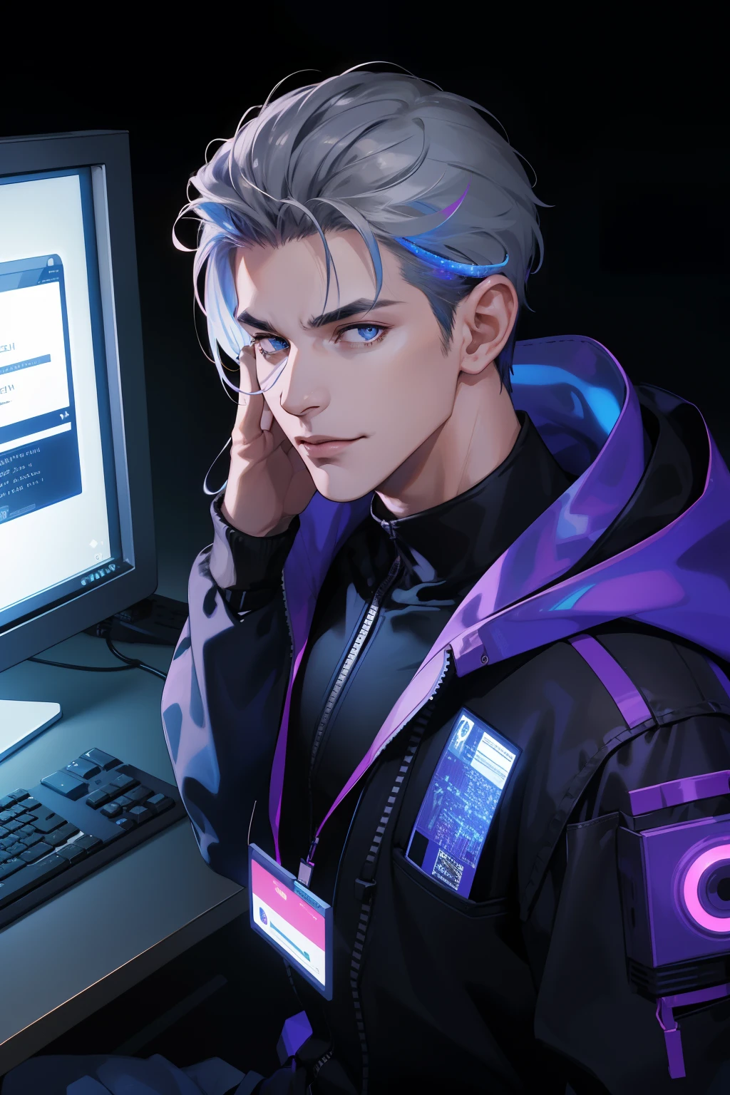 (absurdres, highres, ultra detailed), 1 male, mature, manly, tall muscular, handsome, finely detailed eyes, intricate details, portrait, looking at viewer, solo, half shot, detailed background, detailed face, (1980s synthwave theme:1.1) high-tech futuristic hacker, smirk, advanced technology, hoodie, techwear, wearable device, keycard, cables, (holographic display:1.05), computer, password, control panel in background, blue lights, dark sinister atmosphere, shadows,