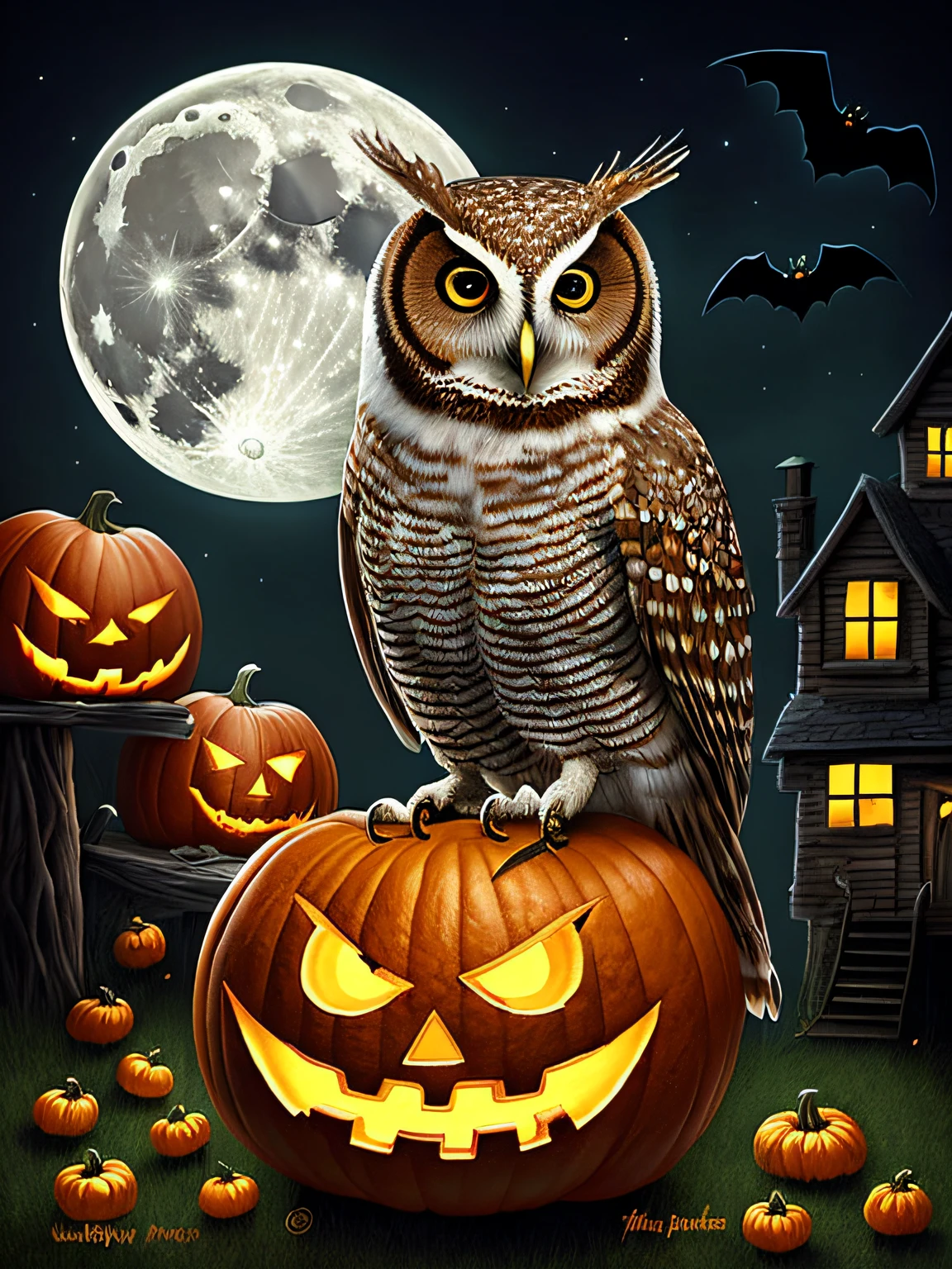 painting of an owl sitting on a pumpkin with a full moon in the background, halloween art style, halloween theme, glowing owl, lisa parker, background artwork, full color digital illustration, detailed art, halloween celebration, spooky halloween theme, halloween night, detailed digital illustration, over detailed art, autumn night, detailed digital artwork, halloween atmosphere, dark but detailed digital art