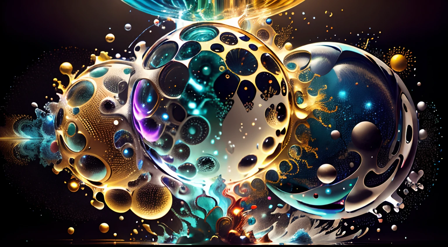 Obra de Arte abstracto multicolor en movimiento.Arte de Alberto Severo. Un primer plano de chorros y corrientes de metales preciosos fundidos que chocan entre si y forman , inmensas cantdades de gotas multicolores y chorros metalicos de oro, plata, cobre mercurio, que burbujean ,explotan ,remolinean y fluyen y ocupan todo el espacio, nubes de fluidos de colores metalicos dorados, plateados, cobrizos brillantes y tornasolados,burbujas tornasoladas, ,remolinos de gotas tornasoladas que giran y escapan.Crea una fascinante obra de arte abstracta con un enfoque en la fluidez y el movimiento. Utilice una paleta de colores rica y diversa, Blend tones seamlessly to evoke a sense of continuous movement, Background of psychedelic fuids in motion. Arte de los fluidos en movimiento