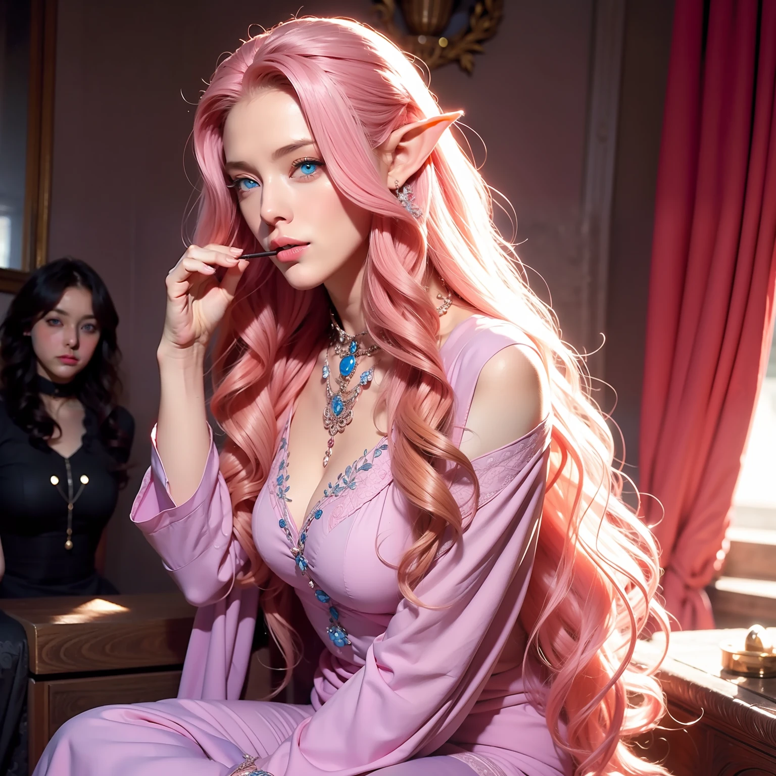 A woman, long curly hair, pink hair, blue eyes, elf, smoking, sitting, surrounded by servants