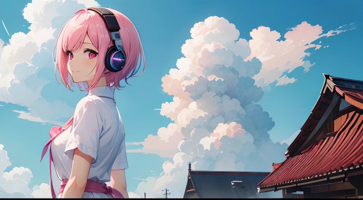 High quality, Very detailed, Clear Image, Profile anime girl, Have short pink hair, Short hair in the wind, Pink eyes, Smiling,Wear neat and clean clothes、 close to the body, Blue sky, With moving clouds、Wearing headphones、eyes large、eyes gentle、Shortcut Hair、Autumn leaves flutter