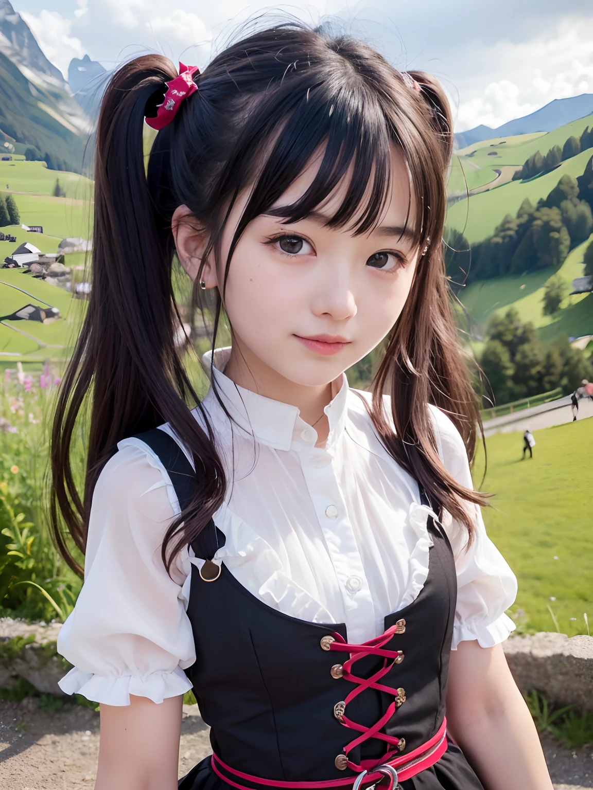 (realisitic、Photorealsitic:1.37)、(((twintails hairstyle)))、unbelievable Ridiculous、(insanely detaileda:1.3)、8K、(masterpiece)、(top-quality:1.4)、(超A high resolution:1.2)、(RAW Photography:1.2)、Ultra detailed backgrounds、(Unity 8k壁纸)、Nogizaka Musume 1、Totally cute、(((a beauty girl:1.35)))、(((yo:1.4)))、(Chiemsee Tracht)、an exquisitely detailed and beautiful face and eyes and skin、Detailed black shiny hair、Small and medium breasts、Delicate and beautiful soft fabric Keemcilacht、 Smile at the camera、cowboy shot、Landscape of Grindelwald, Switzerland、profetional lighting