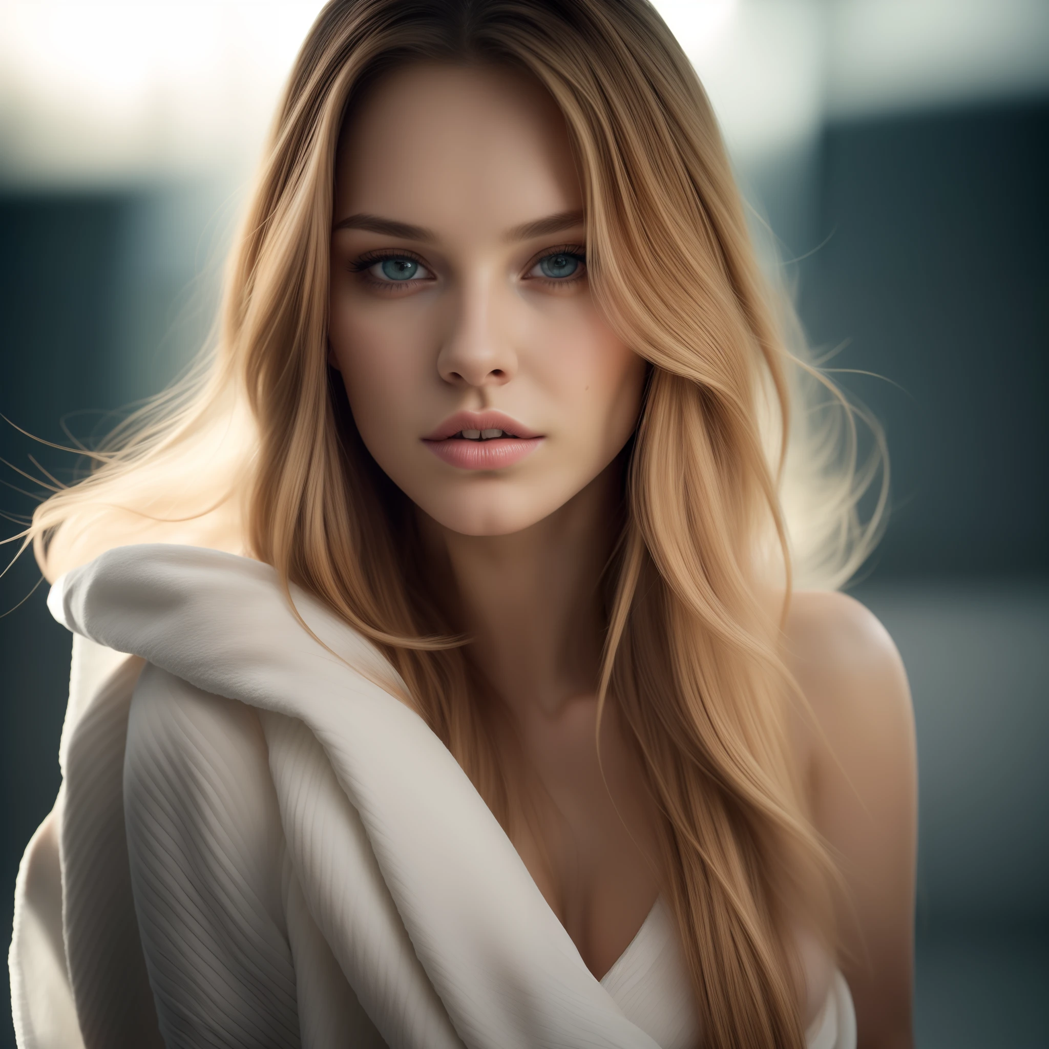 Body Portrait of model DOMINIKA C with long light brown Hair Style, Beautiful, perfect eyes, (Eye makeup:0.0), (highly detailed skin:1.1), (perfect small breasts), Perfect Slim body, wearing a white bath towel, ((SFW)) , Realistic, SUPER PHOTOREALISTIC, detailed face, soft lighting, Modelshoot style, Professional photography, standing in a pink studio background, RAW, analog style, sharp focus, 8k UHD, DSLR, high quality, Fujifilm XT3, grain, award winning, masterpiece,