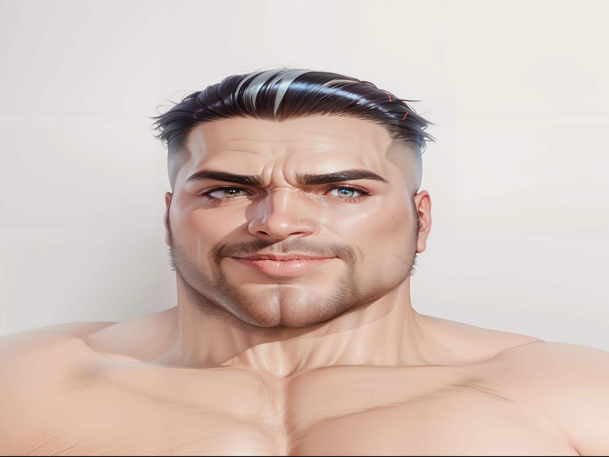 A hyper muscular rough handsome Alan Ritchson dad, 48 years old, detailed skin, ((wearing a open tracksuit skin-revealing a monumental pectoral)), flourishing a high sexual aura, worship, Bara, big eyebrows, big waist round, tan skin ((the boss from League of Legends)), big pectorals, grey hair, big arms, big pecs, biceps, shoulders, thick thighs, huge quads, original characters, portrait, virile, meticulous muscle definition, overexposure, picturesque, photography, modelshoot, photorealistic portrayal, 8K quality. Background: rooftop,32k uhd, best quality, natural volumetric lighting and best shadows, deep depth of field, sharp focus, masterpiece, super detail, high details, octane render