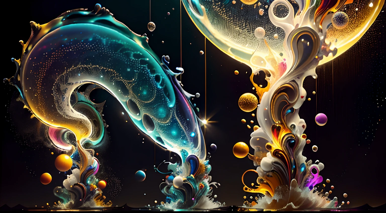 Obra de Arte abstracto multicolor en movimiento.Arte de Alberto Severo. Un primer plano de chorros y corrientes de metales preciosos fundidos que chocan entre si y forman , inmensas cantdades de gotas multicolores y chorros metalicos de oro, plata, cobre mercurio, que burbujean ,explotan ,remolinean y fluyen y ocupan todo el espacio, nubes de fluidos de colores metalicos dorados, plateados, cobrizos brillantes y tornasolados,burbujas tornasoladas, ,remolinos de gotas tornasoladas que giran y escapan.Crea una fascinante obra de arte abstracta con un enfoque en la fluidez y el movimiento. Utilice una paleta de colores rica y diversa, Blend tones seamlessly to evoke a sense of continuous movement, Background of psychedelic fuids in motion. Arte de los fluidos en movimiento