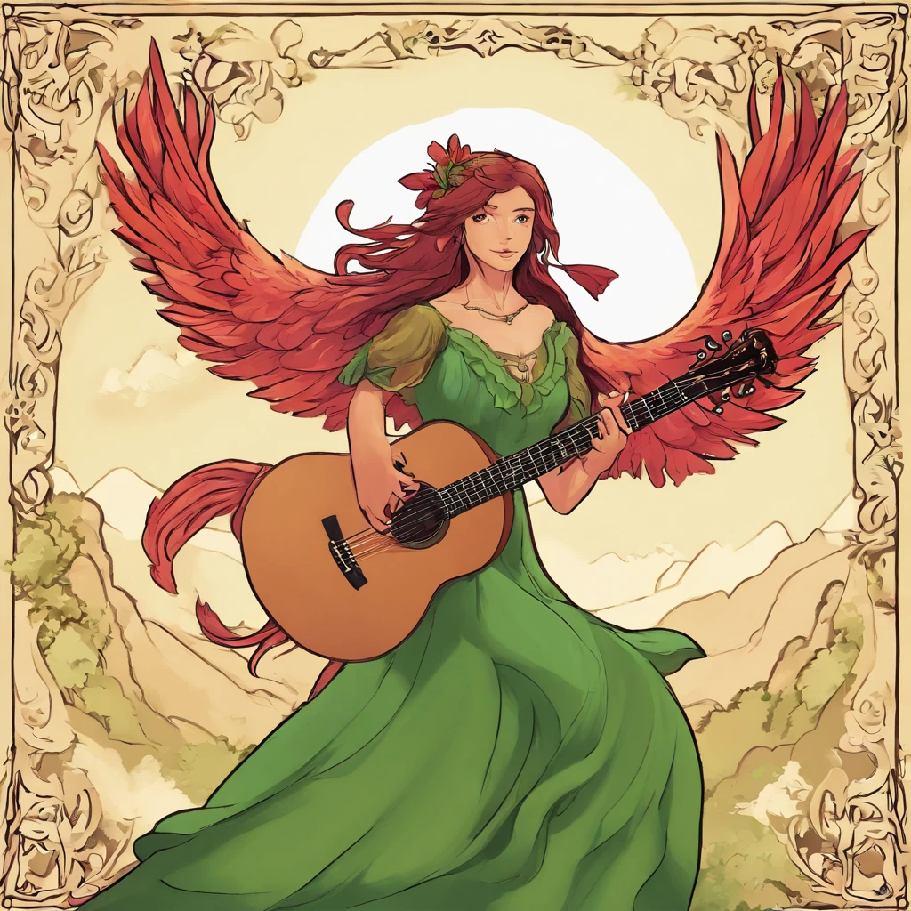 Phoenix reds invite lush greens for a dance as she strums up an enchanting tune, masterpiece, best quality