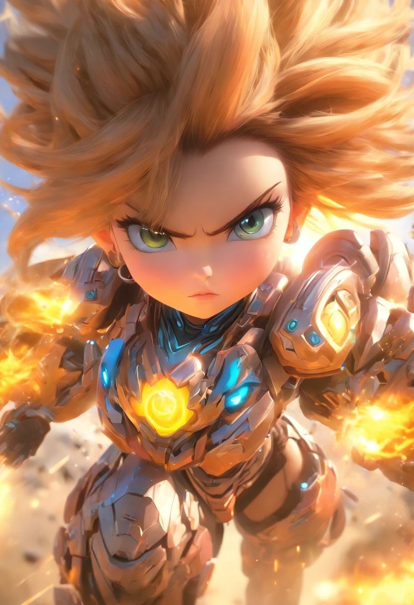 China-style，Q version of the sci-fi baby girl warrior，Cute and cute，StarCraft warrior armor，Huge firearms，opening fire，Towards me，Wasteland，Smudge，Meticulous portrayal，depth of fields，8k，A high resolution，tmasterpiece，Beautiful wallpapers，high qulity，high detal，s the perfect face，OC rendering，blur backgroun