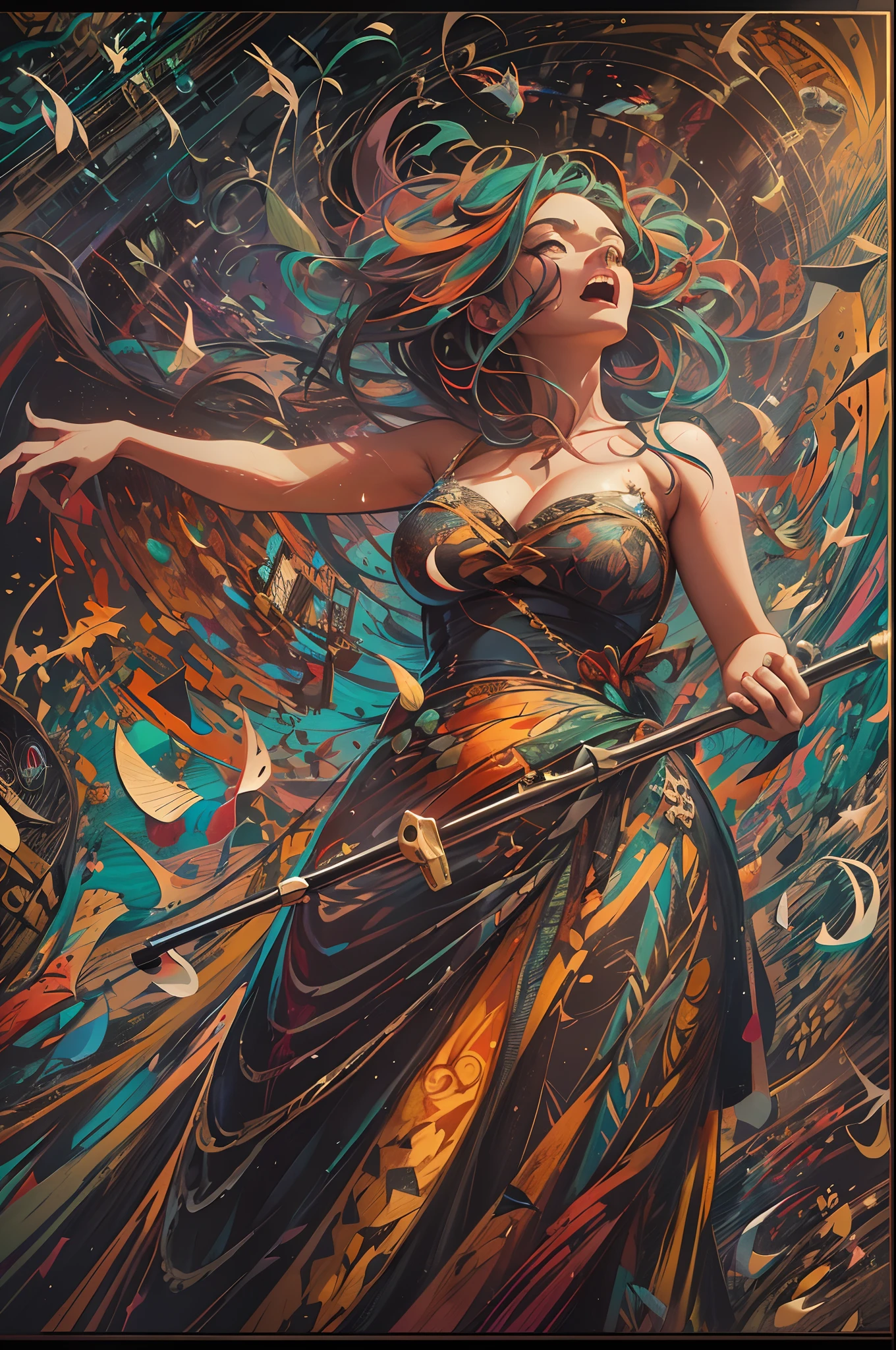 masterpiece, best quality, woman on stage, singing, surrounded by colorful music notes, splashes, abstract, dramatic illumination, dynamic angle, intense color contrast), (in the art style of artists "Esao Andrews", "Stanley Mouse", and "Dan Mumford 1.5)