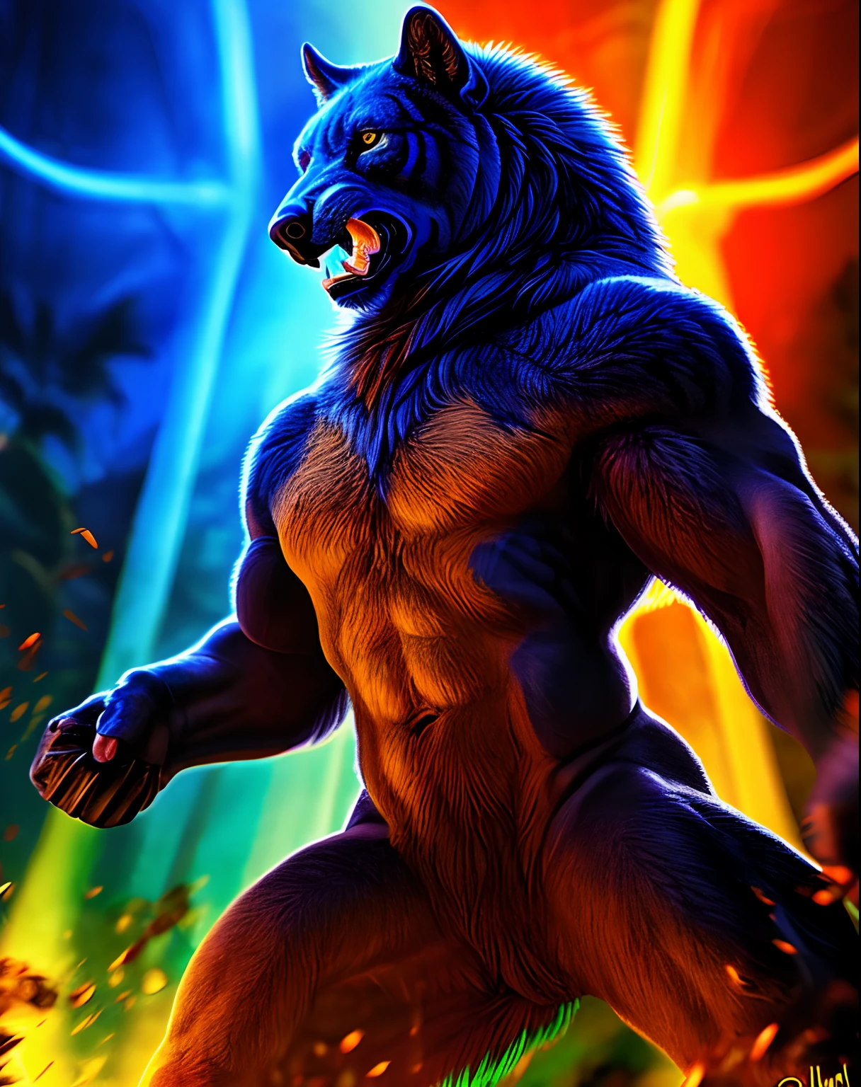 werecreature, nakeness , Medium Shot Shot, full bodyesbian,(over distances), (full bodyesbian), neonlight, neonlight)) , The muscles are pronounced,musculous,Large muscles((Water droplets on the body))shaggy , (NSFW) ((knot)1.4)4K 分辨率 , Photoreality, 夏天,the night ,Fluorescence,glowworm,RGB,Wear thongs,Very large package