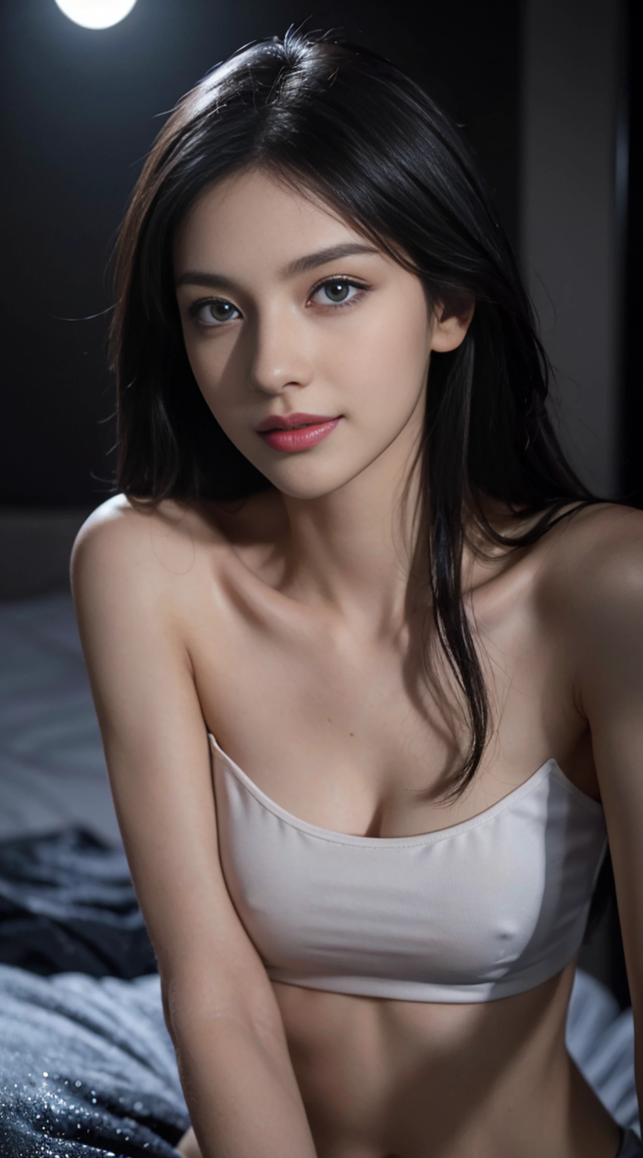 8K, Top Quality, Intricate Details, Ultra Detail, Ultra High Resolution, Masterpiece, random angle, Slender, Smile, (Makeup: 0.4), (Fluffy Blue Eyes: 1.21), blue Eyes,, ((full body)), 1girl, solo, 1 girl, (( full body)), close-up shot, lying down flat , , ((tall)), (((fit body))), (((slim face))), sharp face, sharp eyes, (((black hair, medium hair, )) (detailed face), sharp face, small lips, thin lips,
(( crop top )), detailed face, detailed breast, , large breast, detail, , Beautiful girl with accentuated slender abs: 1.4, Six Pack Abs: 1.4, Bust Botox, Big, Perfect Body, detail leg, (( moonlight)), top of mountain
