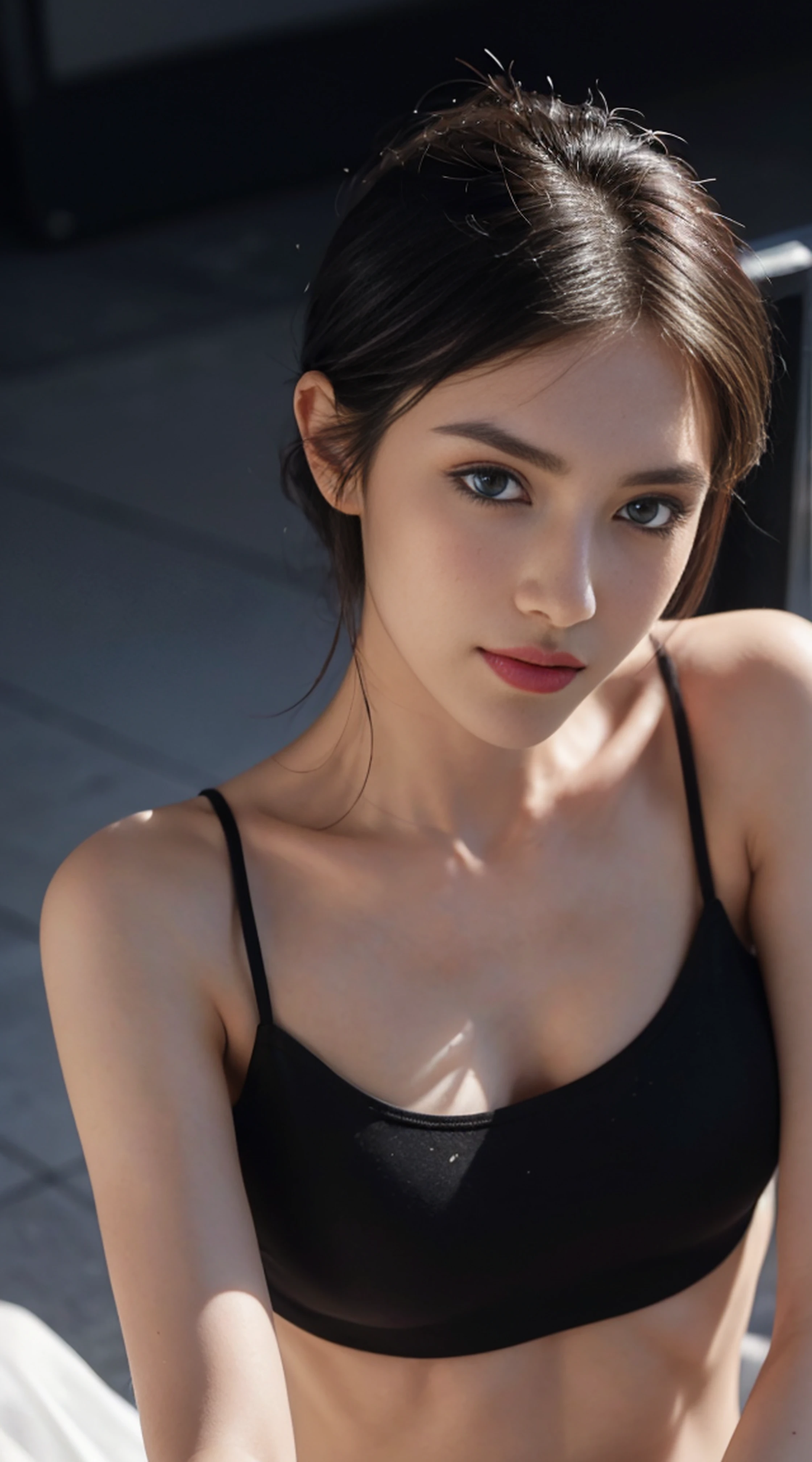 8K, Top Quality, Intricate Details, Ultra Detail, Ultra High Resolution, Masterpiece, random angle, Slender, Smile, (Makeup: 0.4), (Fluffy Blue Eyes: 1.21), blue Eyes,, ((full body)), 1girl, solo, 1 girl, (( full body)), close-up shot, lying down flat , , ((tall)), (((fit body))), (((slim face))), sharp face, sharp eyes, (((black hair, medium hair, )) (detailed face), sharp face, small lips, thin lips,
(( crop top )), detailed face, detailed breast, , large breast, detail, , Beautiful girl with accentuated slender abs: 1.4, Six Pack Abs: 1.4, Bust Botox, Big, Perfect Body, detail leg, (( moonlight)), top of mountain