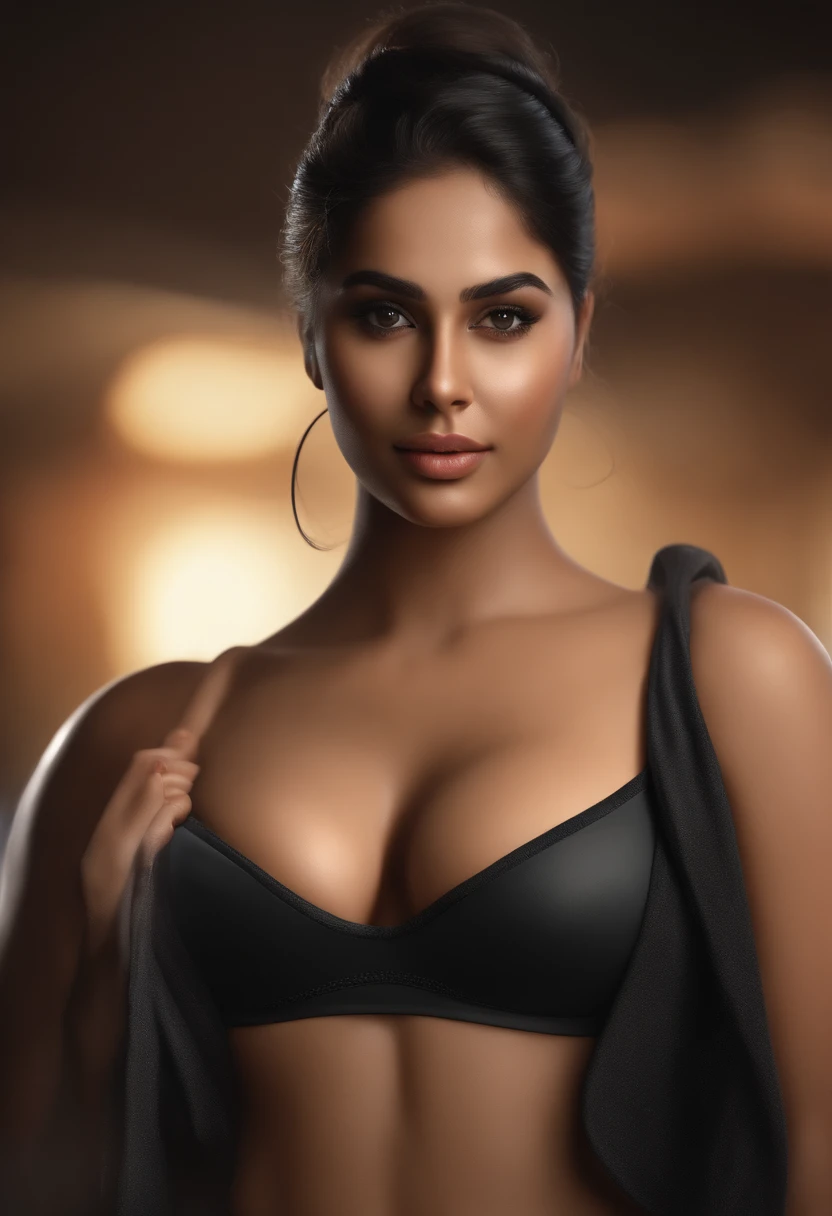 young Indian woman, 25-year-old, babycore, bold curves, webcam, plus-sized, curvaceous simplicity, catcore, candid, subtle, gentle lighting, intricate facial details, top-notch 3D rendering, hyper-realistic, photorealistic digital, high definition detailed realistic, detailed, skin texture, hyper detailed, realistic skin texture, best quality, ultra high res, (photorealistic:1.4), high resolution, raw photo, 400 camera f1.6 lens rich colors hyper realistic lifelike texture dramatic lighting. confident pose and expression. sports stadium box. topless. bare breasts. naked.