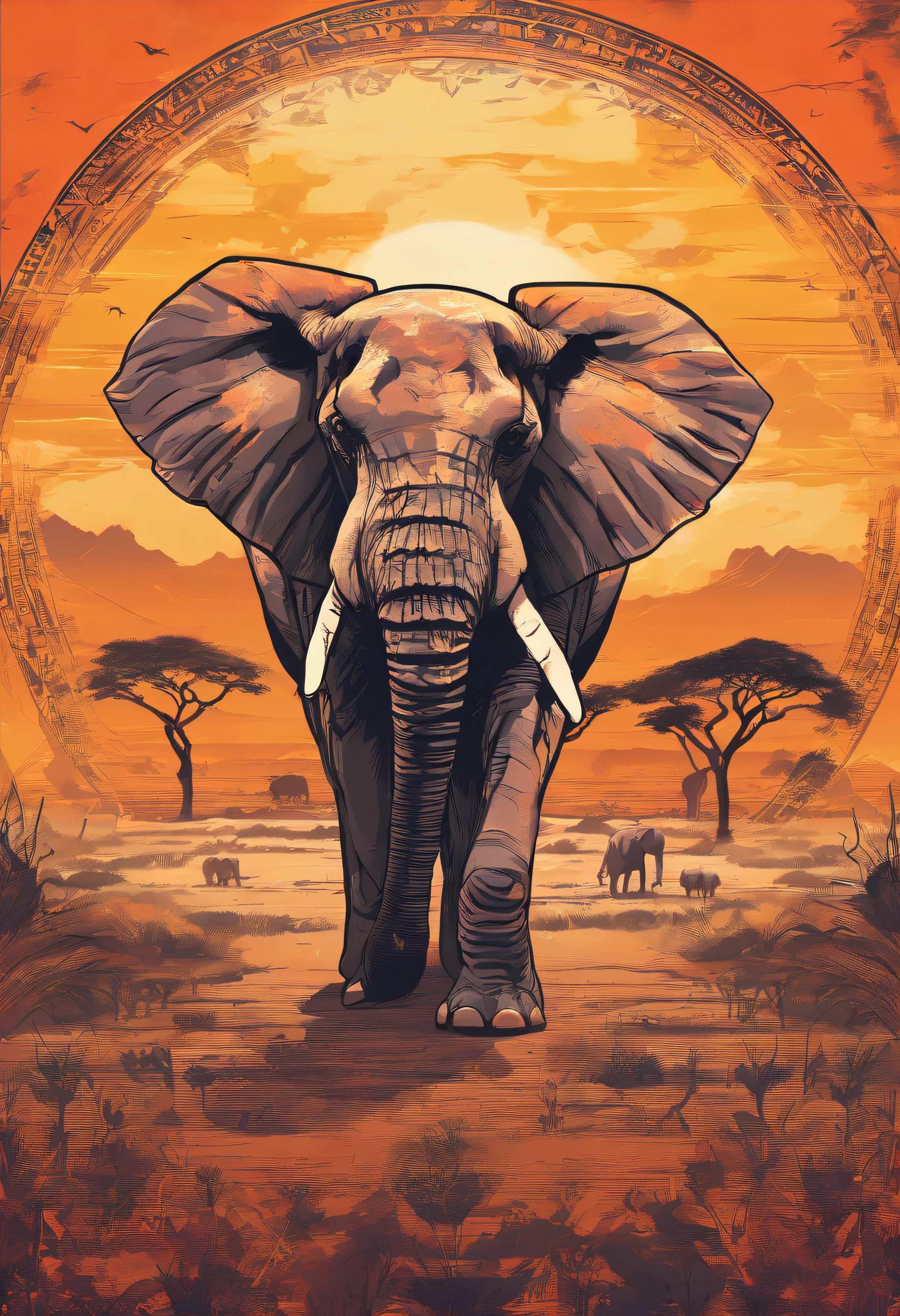 Design an awe-inspiring scene featuring iconic African animals like elephants, giraffes, zebras, lions, and rhinoceroses. Arrange them in a circular composition, with their diverse forms and colors blending harmoniously to form a captivating representation of the African savannah, complete with a vibrant sunset backdrop.