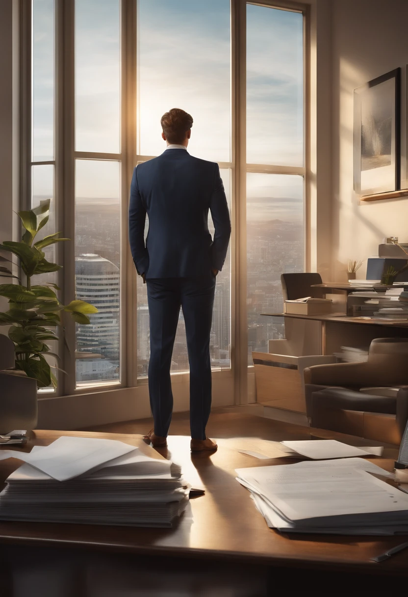 (best quality,masterpiece:1.2),back view,a young man just starting in social work,in a business office,overwhelmed,burdened with piles of documents,intense focus,hectic atmosphere,determination to make a difference,crisp white shirt,formal attire,serious expression,cityscape view from the window,modern office equipment and furniture,vibrant colors,professional lighting,impeccable attention to detail,meticulous organization,abstract art on the walls,artistic inspiration in the midst of chaos,stepping into a new chapter in his career,steep learning curve,transforming lives,empathy and compassion,endless opportunities for growth,working towards a brighter future.