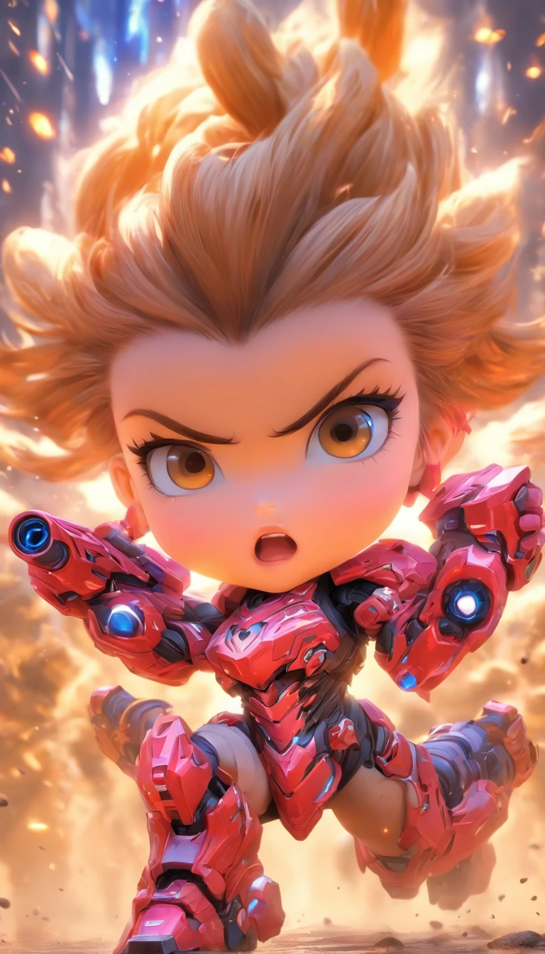 China-style，Q version of the sci-fi baby girl warrior，Cute and cute，StarCraft warrior armor，Huge guns，opening fire，Towards me，Wasteland，Full body like，Smudge，Meticulous portrayal，depth of fields，8K，A high resolution，tmasterpiece，Beautiful wallpapers，high qulity，high detal，s the perfect face，oc rendered，blur backgroun