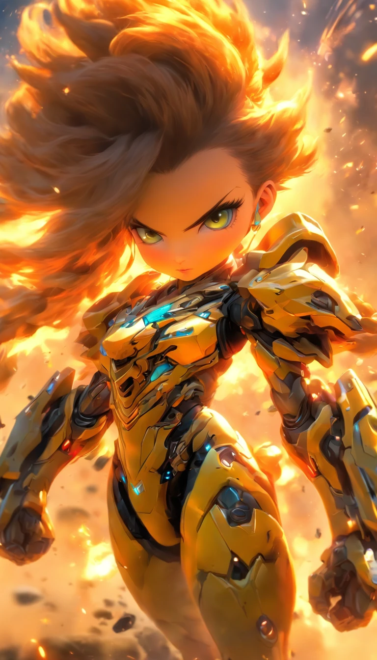 China-style，Q version of the sci-fi baby girl warrior，Cute and cute，StarCraft warrior armor，Huge guns，opening fire，Towards me，Wasteland，Full body like，Smudge，Meticulous portrayal，depth of fields，8K，A high resolution，tmasterpiece，Beautiful wallpapers，high qulity，high detal，s the perfect face，oc rendered，blur backgroun