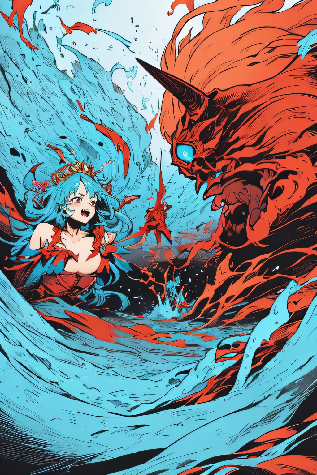 「Light blue crying goddess vs king with red crown」、Orange Flame