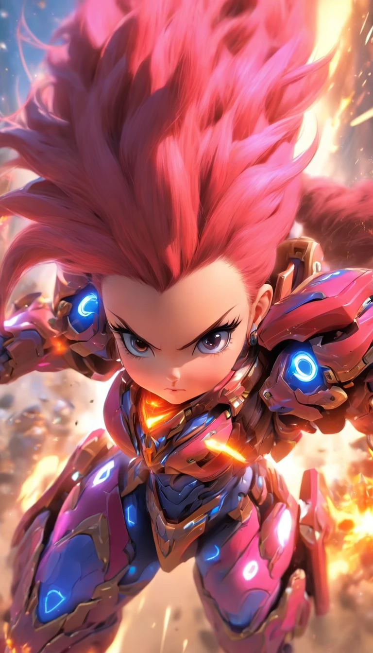 China-style，Q version of the sci-fi baby girl warrior，Cute and cute，StarCraft warrior armor，Huge guns，opening fire，Towards me，Wasteland，Full body like，Smudge，Meticulous portrayal，depth of fields，8K，A high resolution，tmasterpiece，Beautiful wallpapers，high qulity，high detal，s the perfect face，oc rendered，blur backgroun