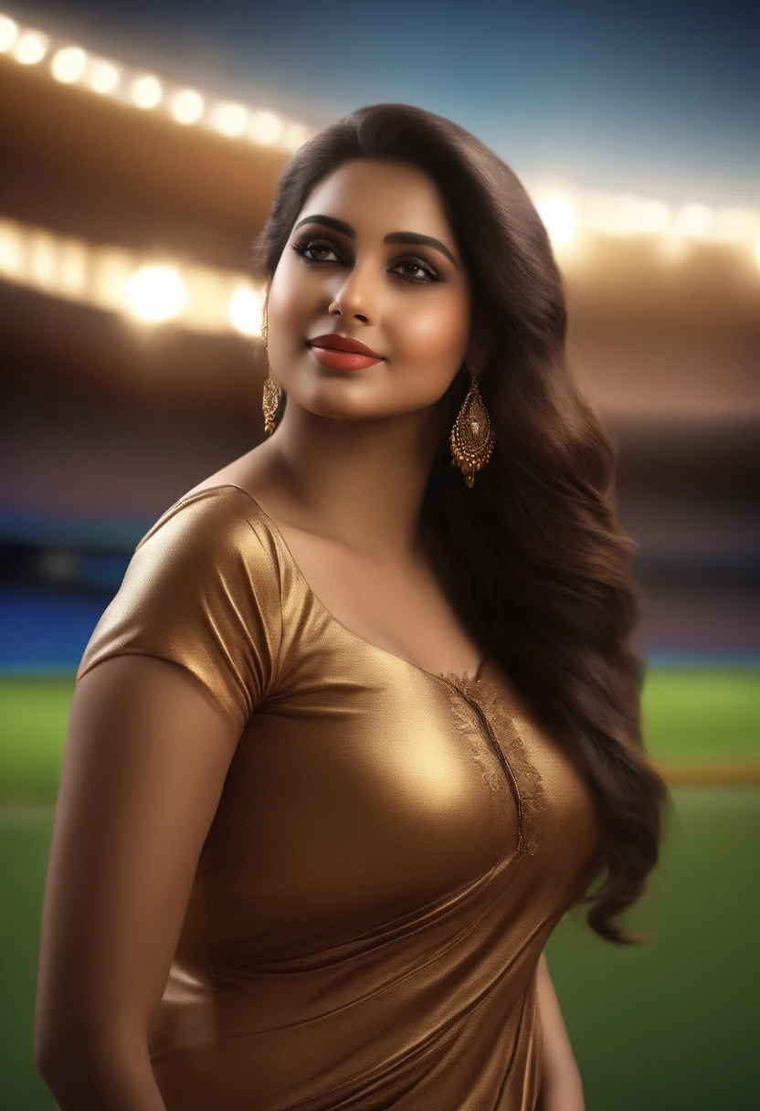young Indian woman, 25-year-old, babycore, bold curves, webcam, plus-sized, curvaceous simplicity, catcore, candid, subtle, gentle lighting, intricate facial details, top-notch 3D rendering, hyper-realistic, photorealistic digital, high definition detailed realistic, detailed, skin texture, hyper detailed, realistic skin texture, best quality, ultra high res, (photorealistic:1.4), high resolution, raw photo, 400 camera f1.6 lens rich colors hyper realistic lifelike texture dramatic lighting. confident pose and expression. sports stadium box. expensive box seats